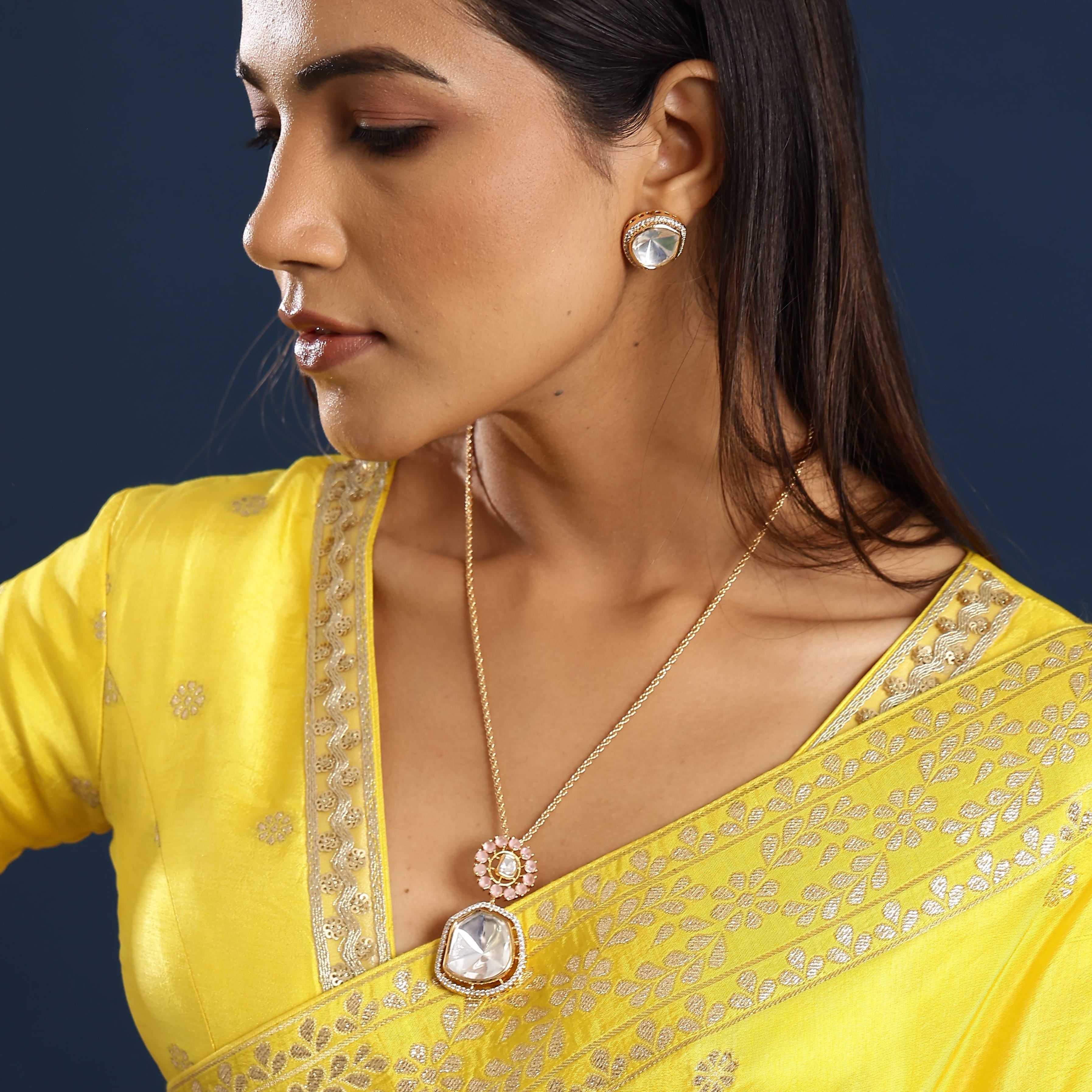 Baby Pink Stone Kundan Pendant Set With Earrings