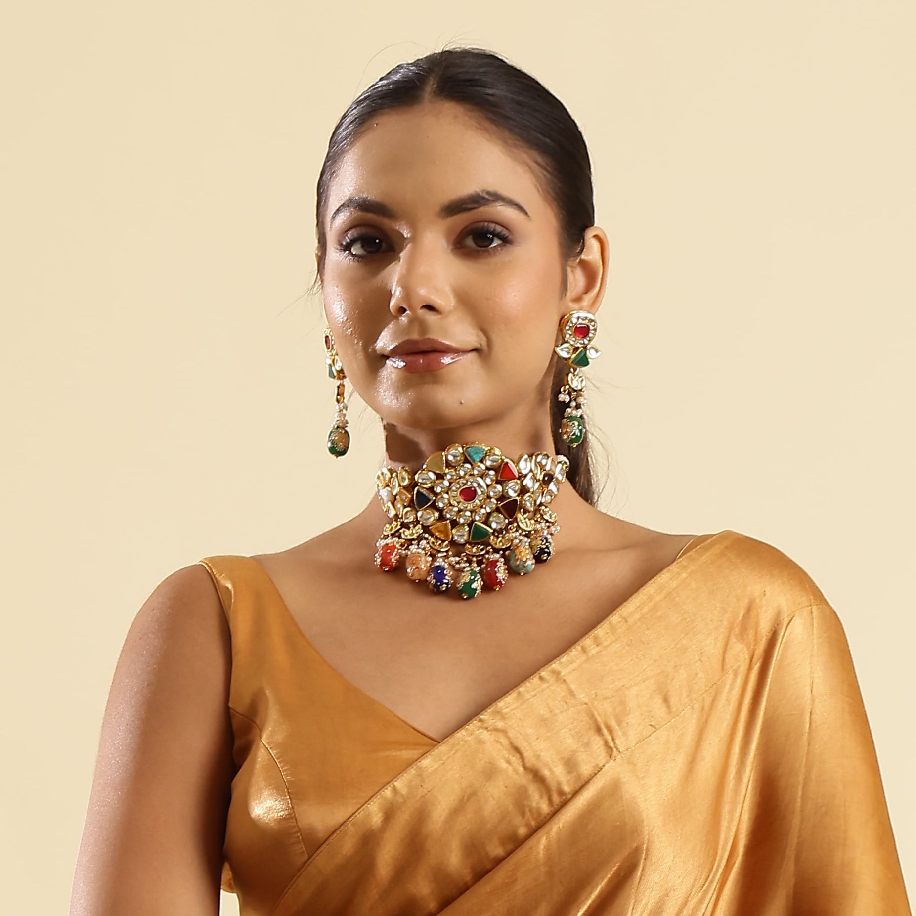 Navratana Stone Choker Necklace With Earrings