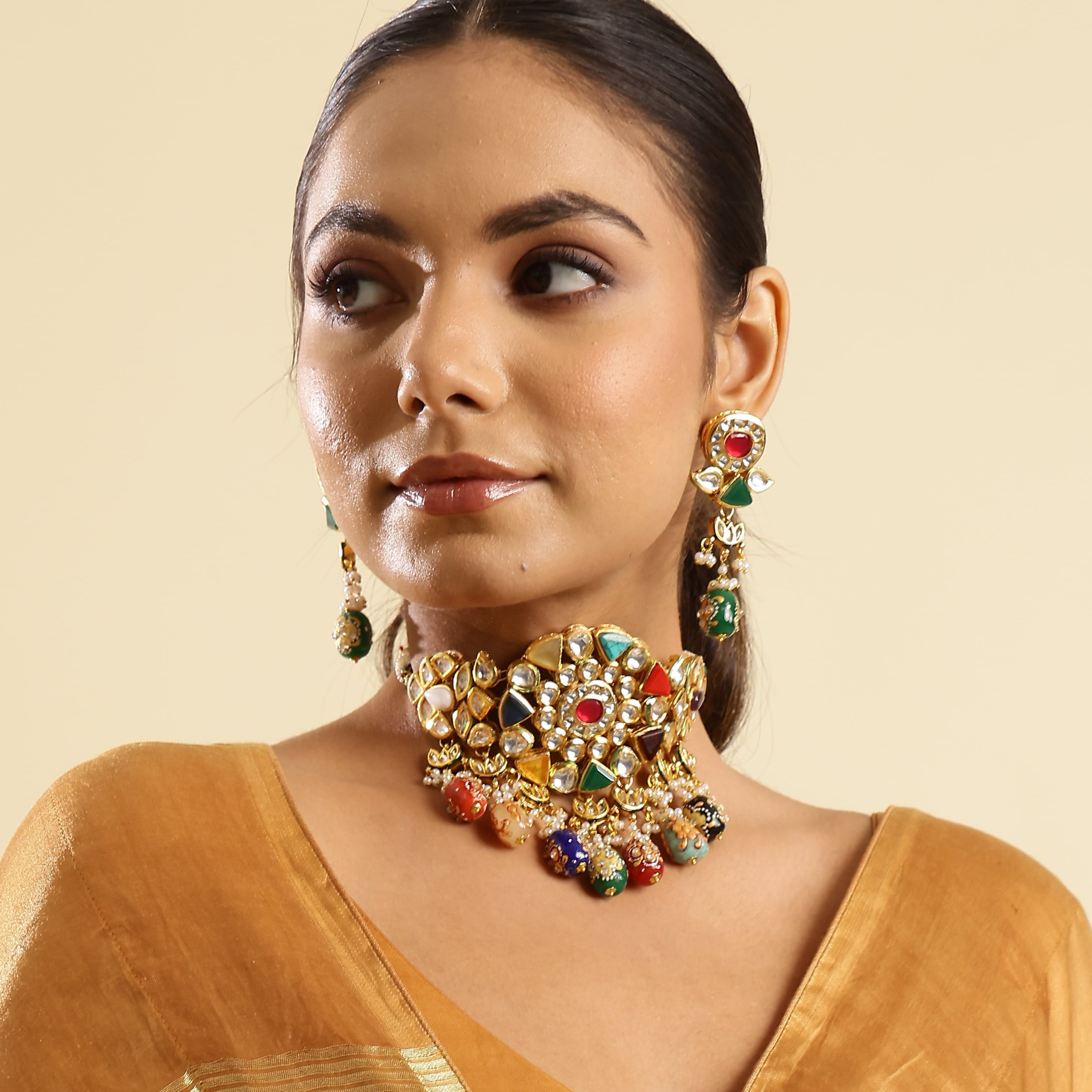 Navratana Stone Jadau Kundan Choker Set With Earrings