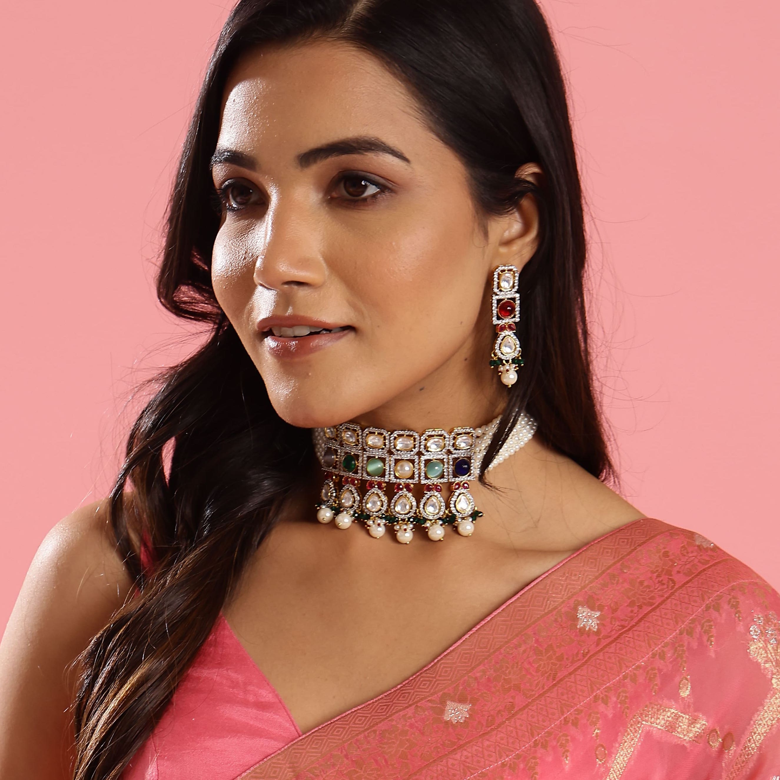 Multicolor Stone Pearl Choker Necklace and Earrings With Bracelet