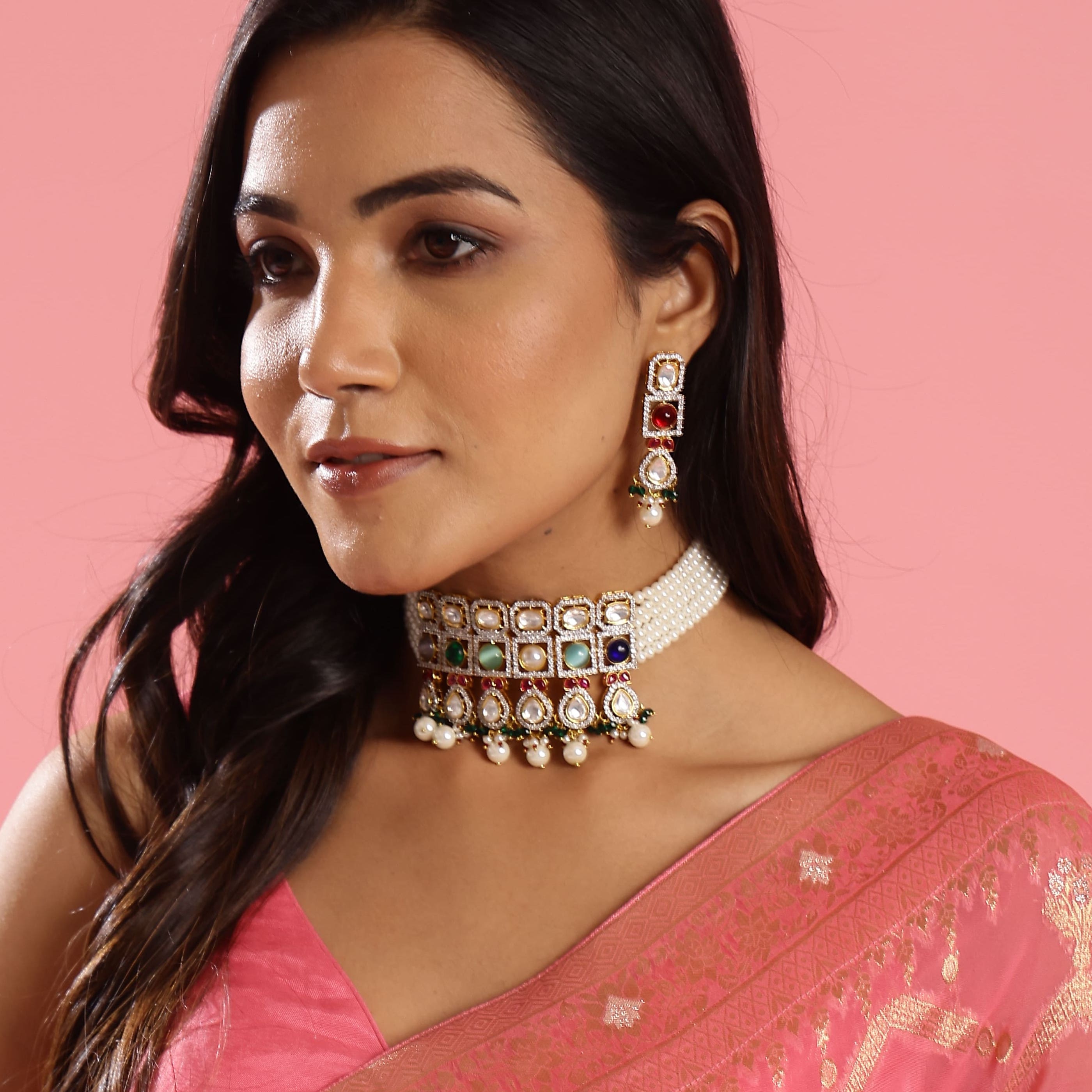 Multicolor Stone Pearl Choker Necklace and Earrings With Bracelet