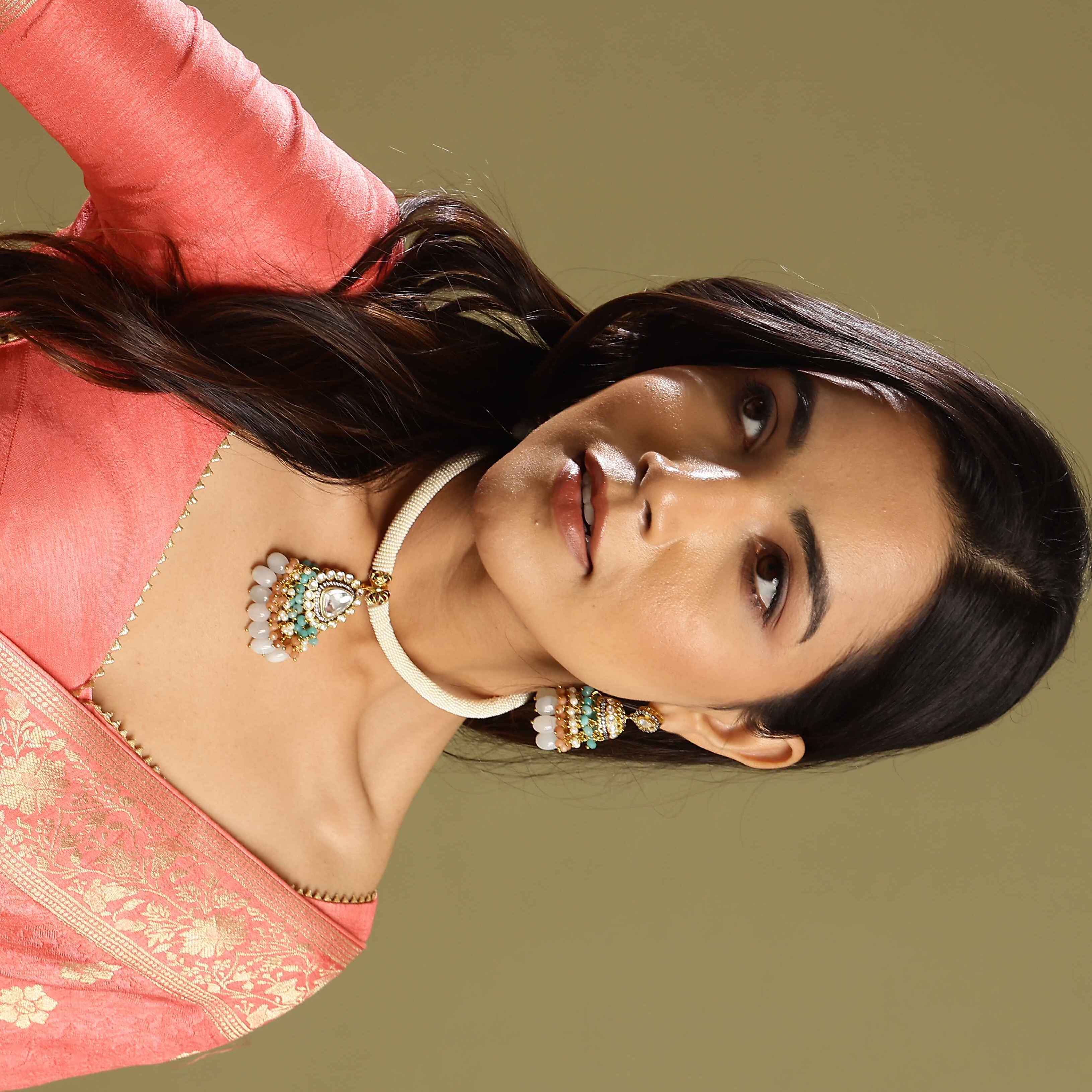 Designer Green Beads Stone Kundan Pendant With Jhumki Earrings