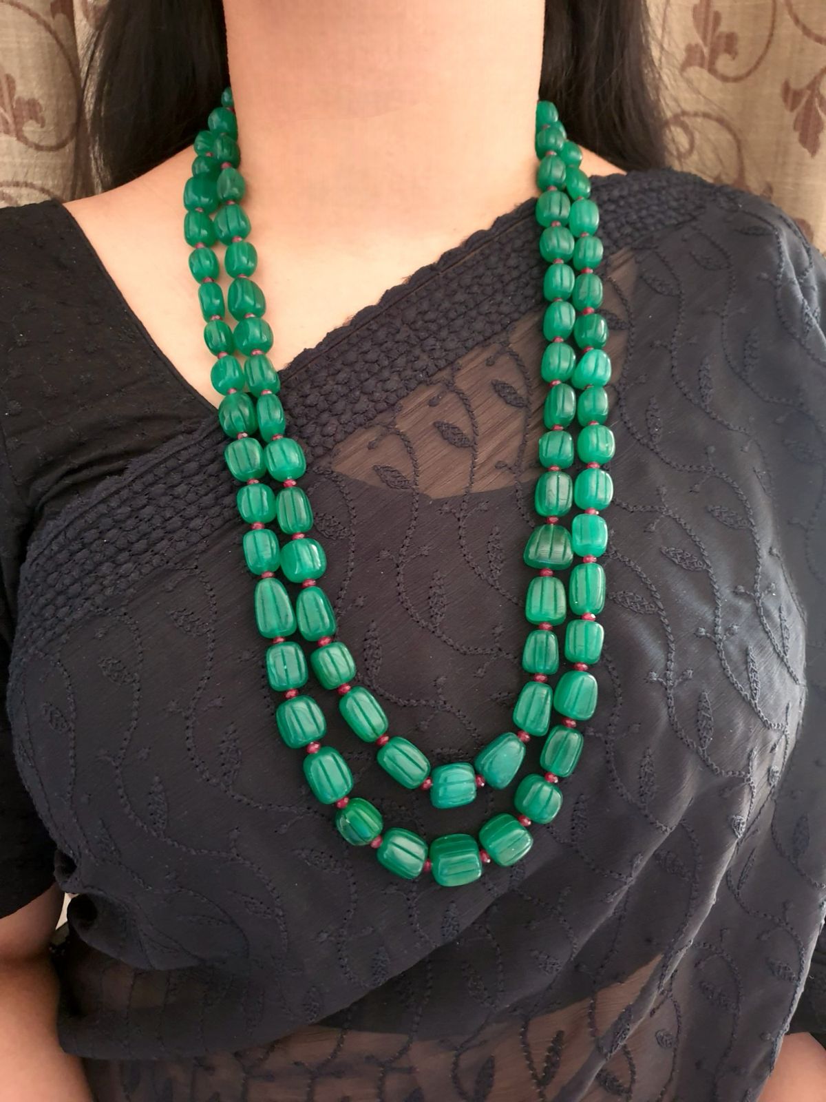 Emerald Green Color Carving Bead Two Layered Necklace