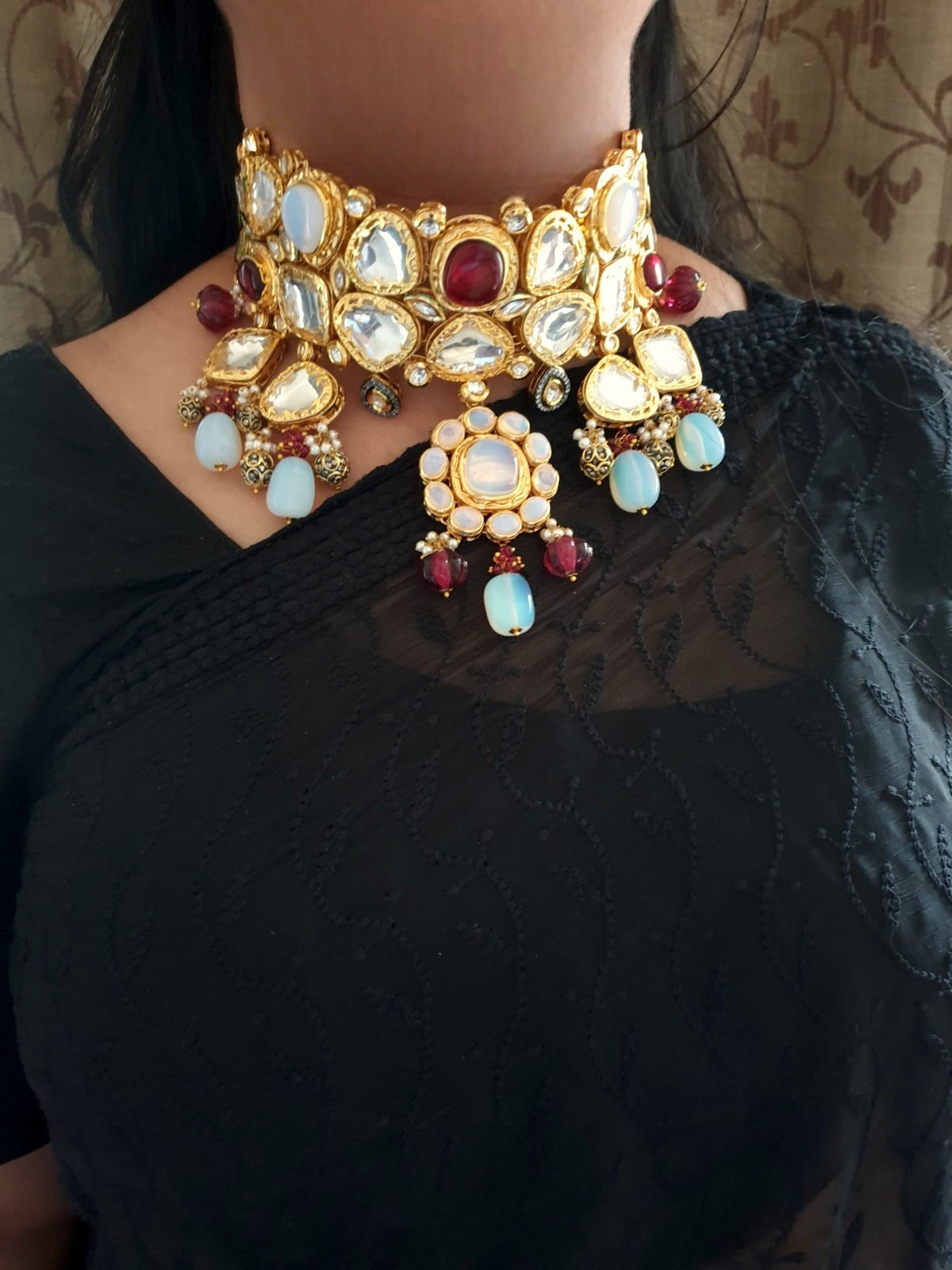 Red Kundan Polki Bridal Necklace Set With Earrings