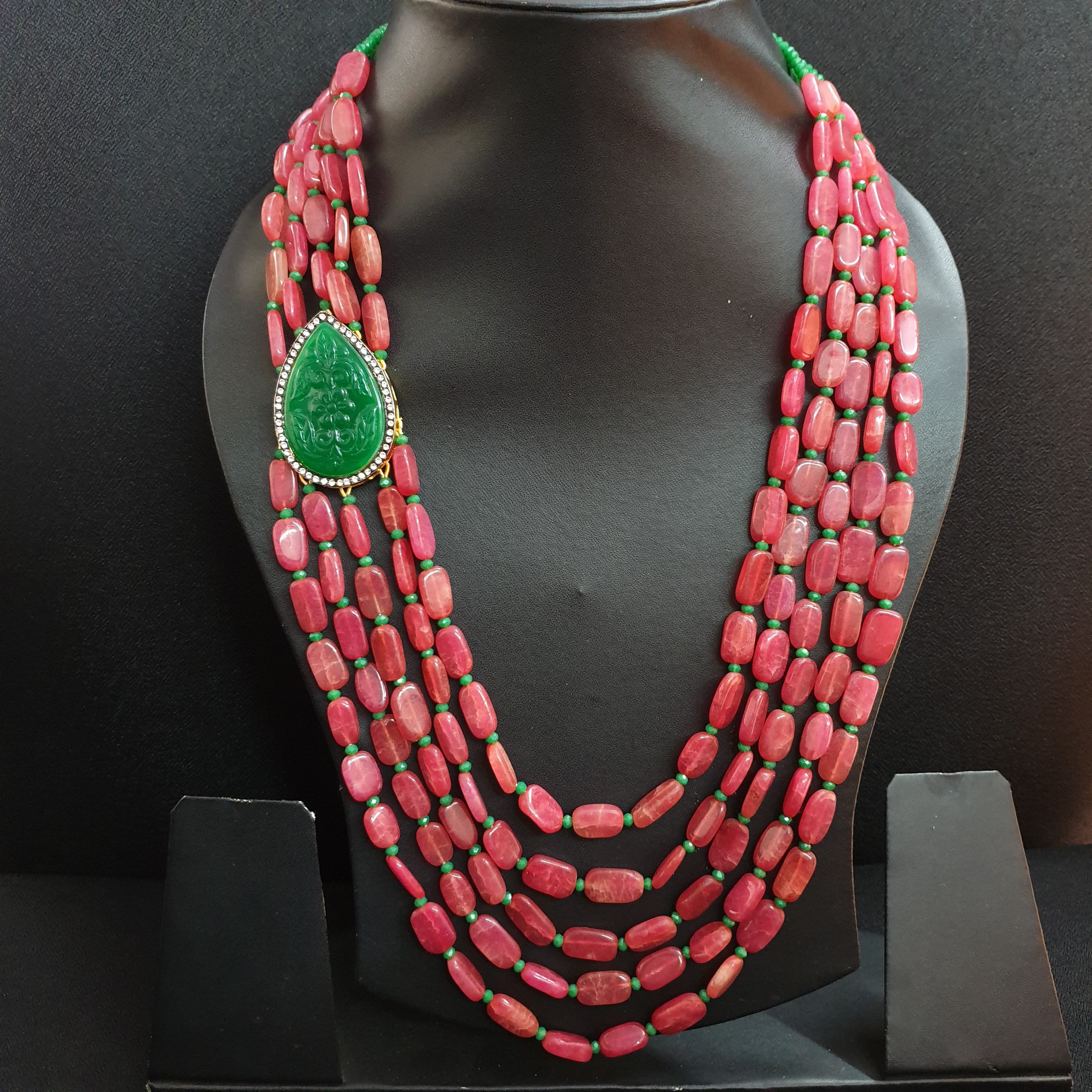 Ruby Stone Necklace With Engraved Stone Brooch