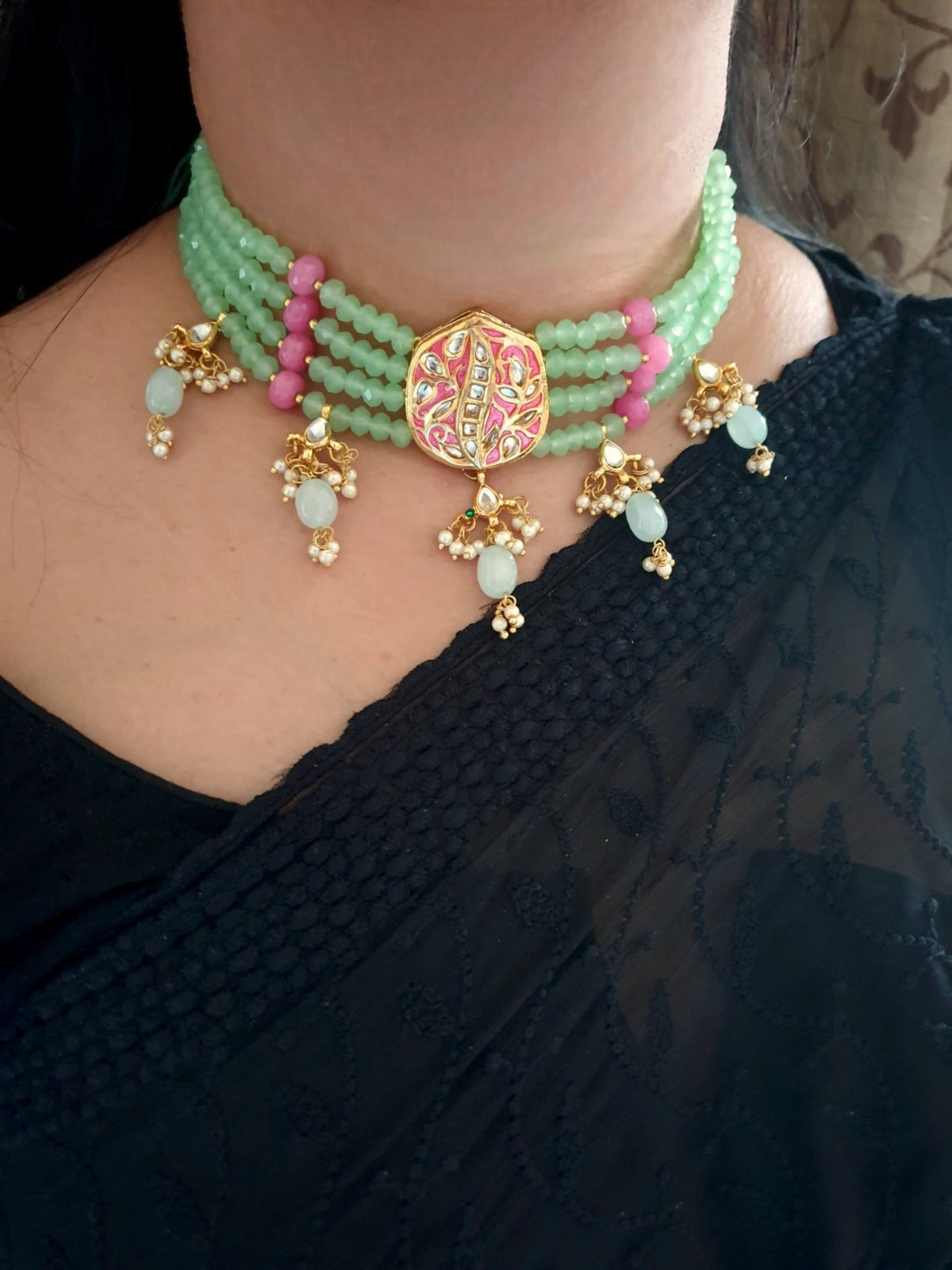 Mint Green Kundan Meenakari Choker Set With Earrings