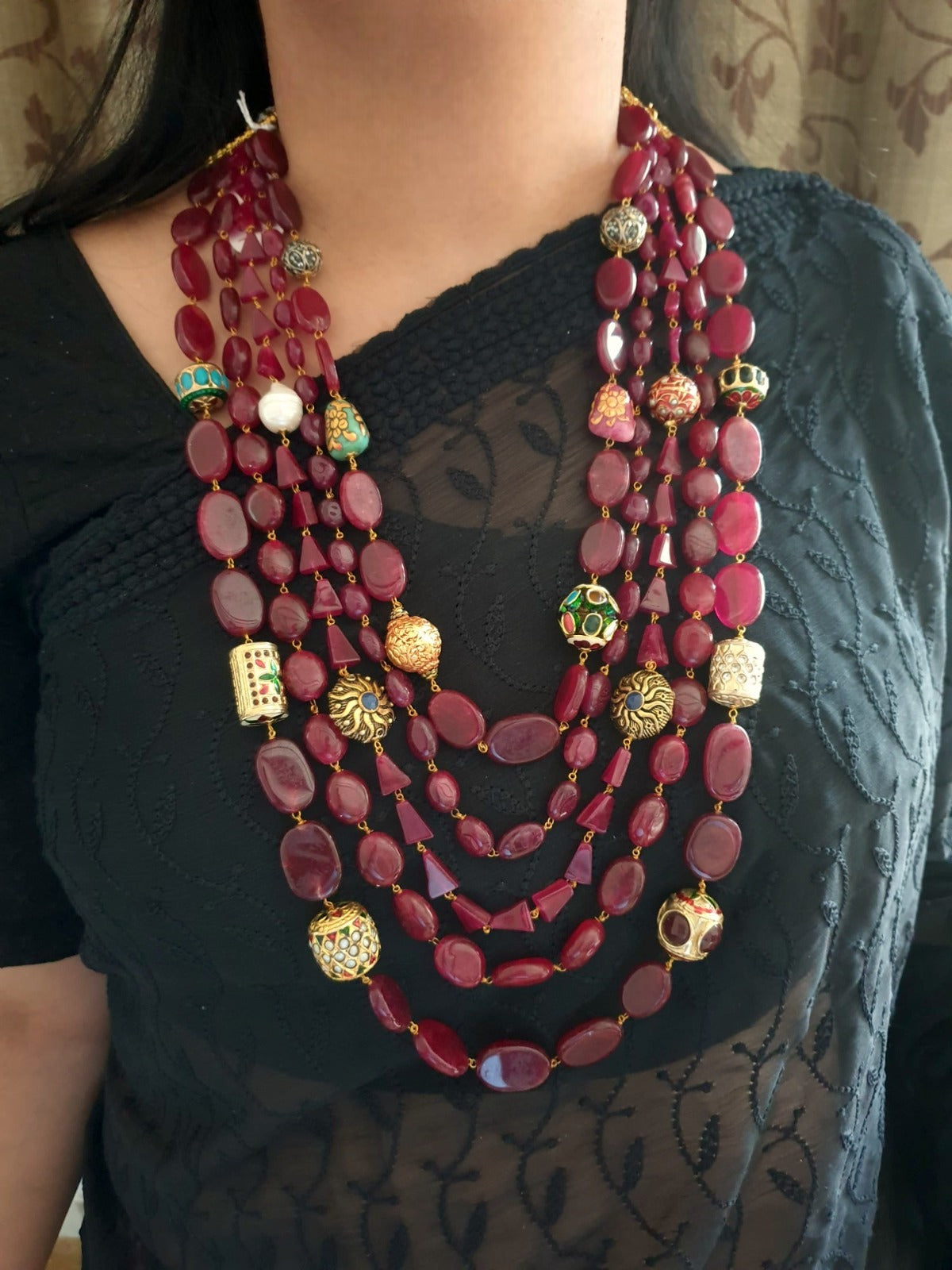 Red Long Necklace Set With Anitique Stone Beads