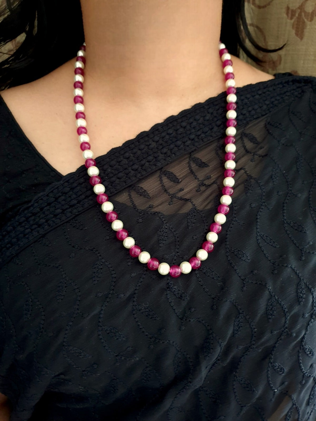 Purple Stone Single Layered Pearl Long Mala