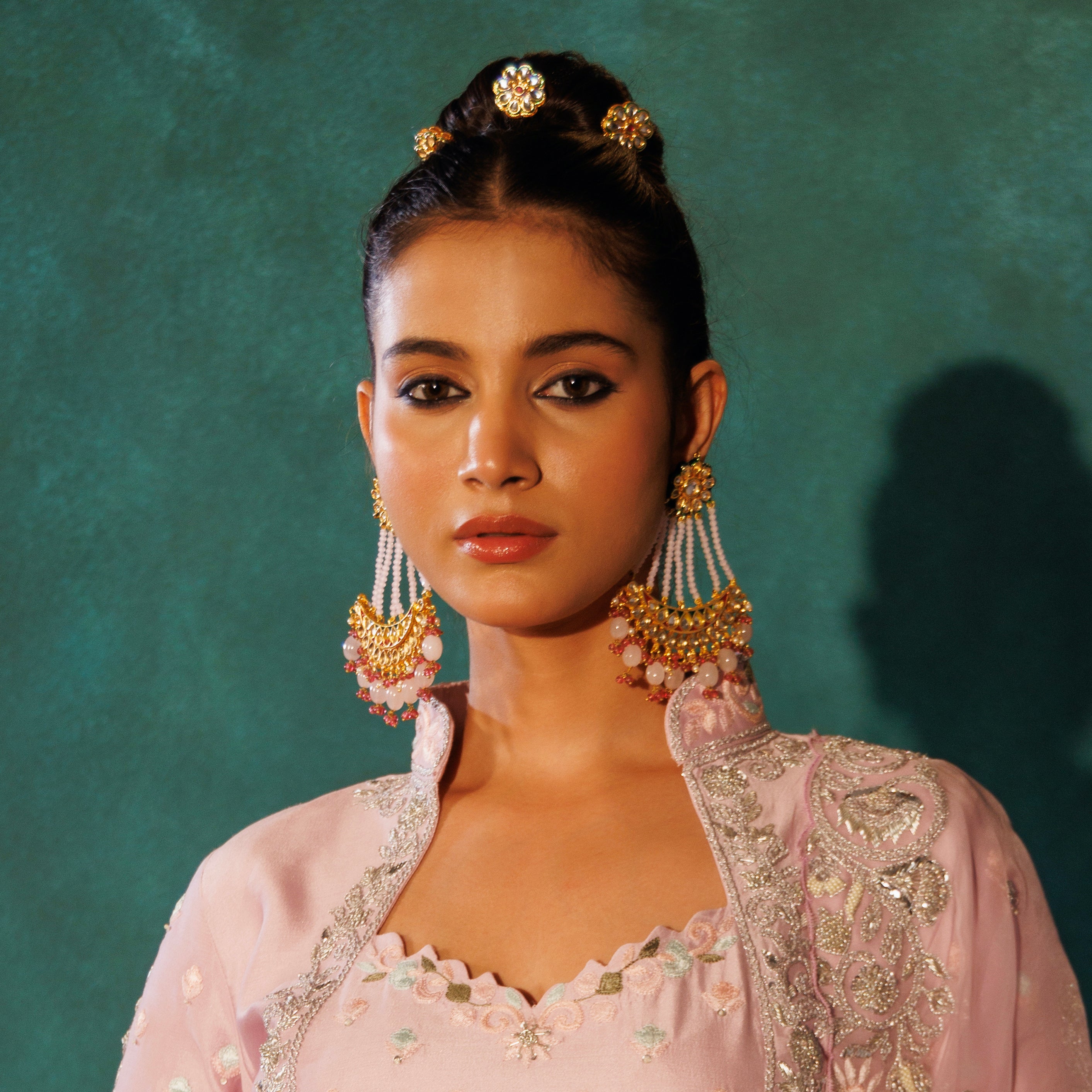 Baby Pink Beaded Kundan Meenakari Earrings