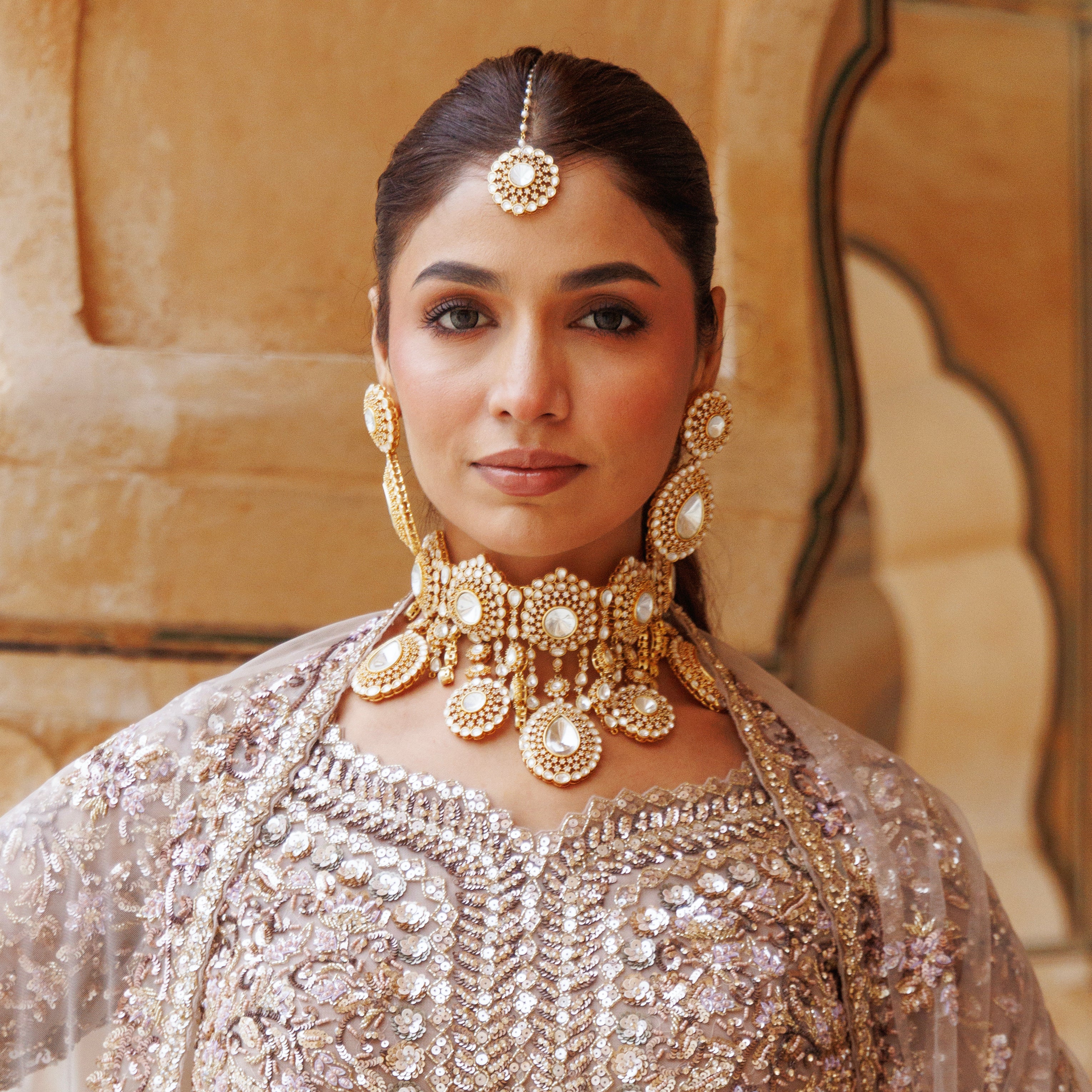 Kundan Polki Bridal Necklace Set With Earrings And Tikka