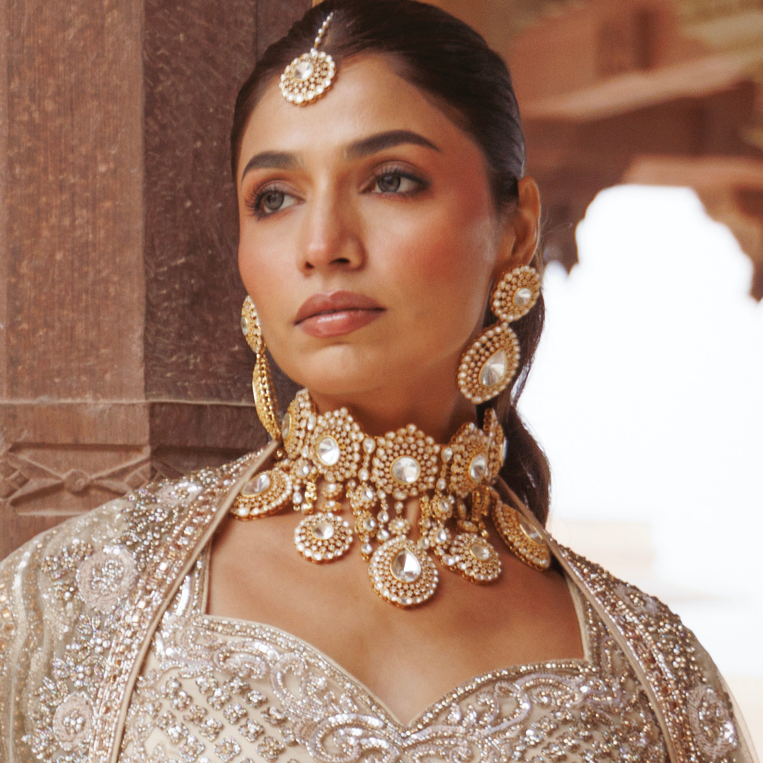 Kundan Polki Bridal Necklace Set With Earrings And Tikka