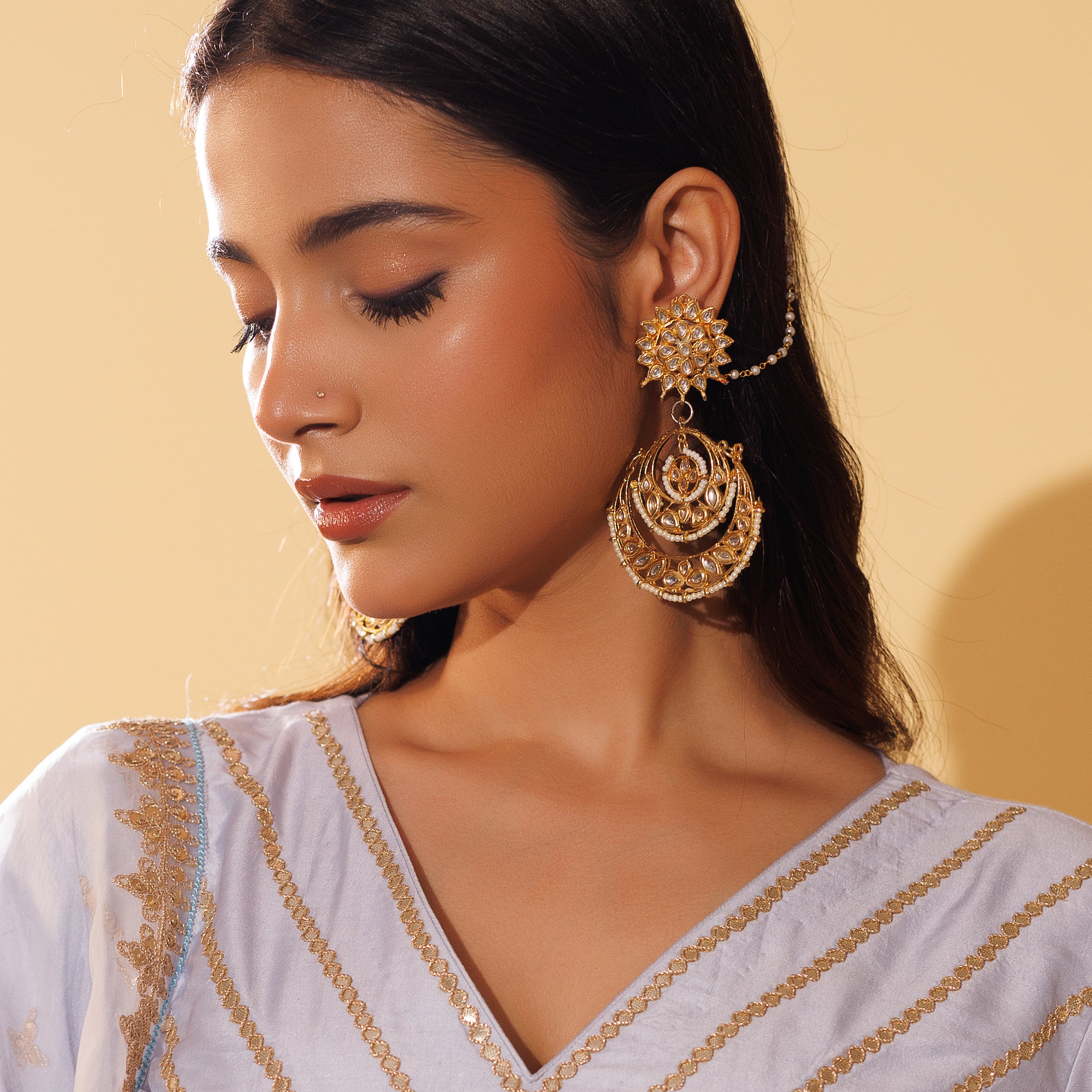 Gold Tone Kundan Stone Chandbali Earrings