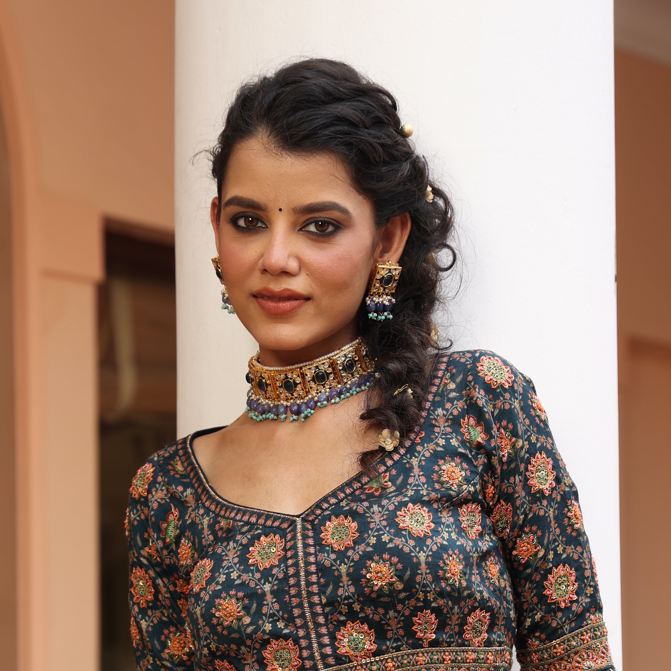 Blue Stone Kundan Meenakari Choker Necklace With Earrings