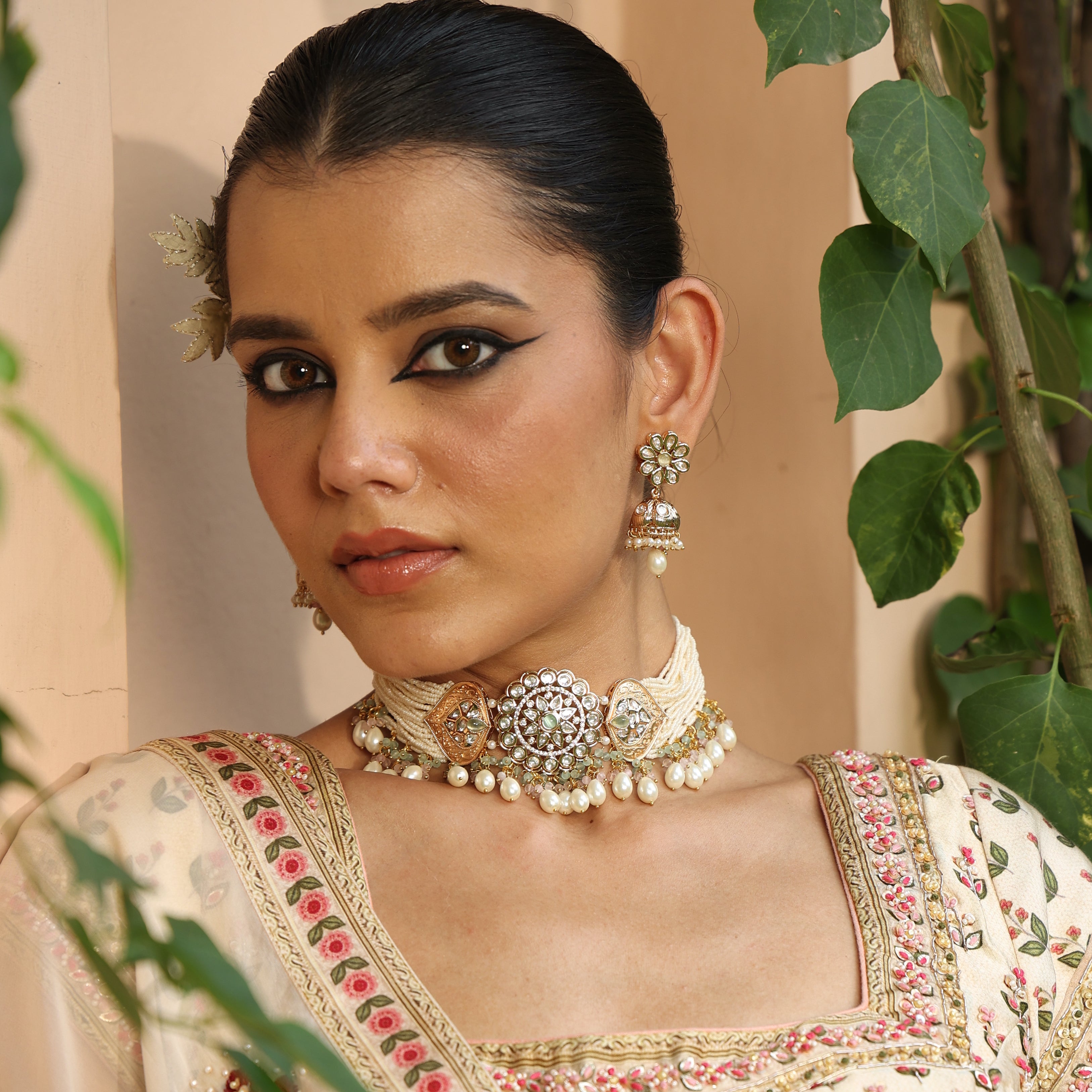 Pearl Stone Beautiful Floral Necklace With Jhumki Earrings