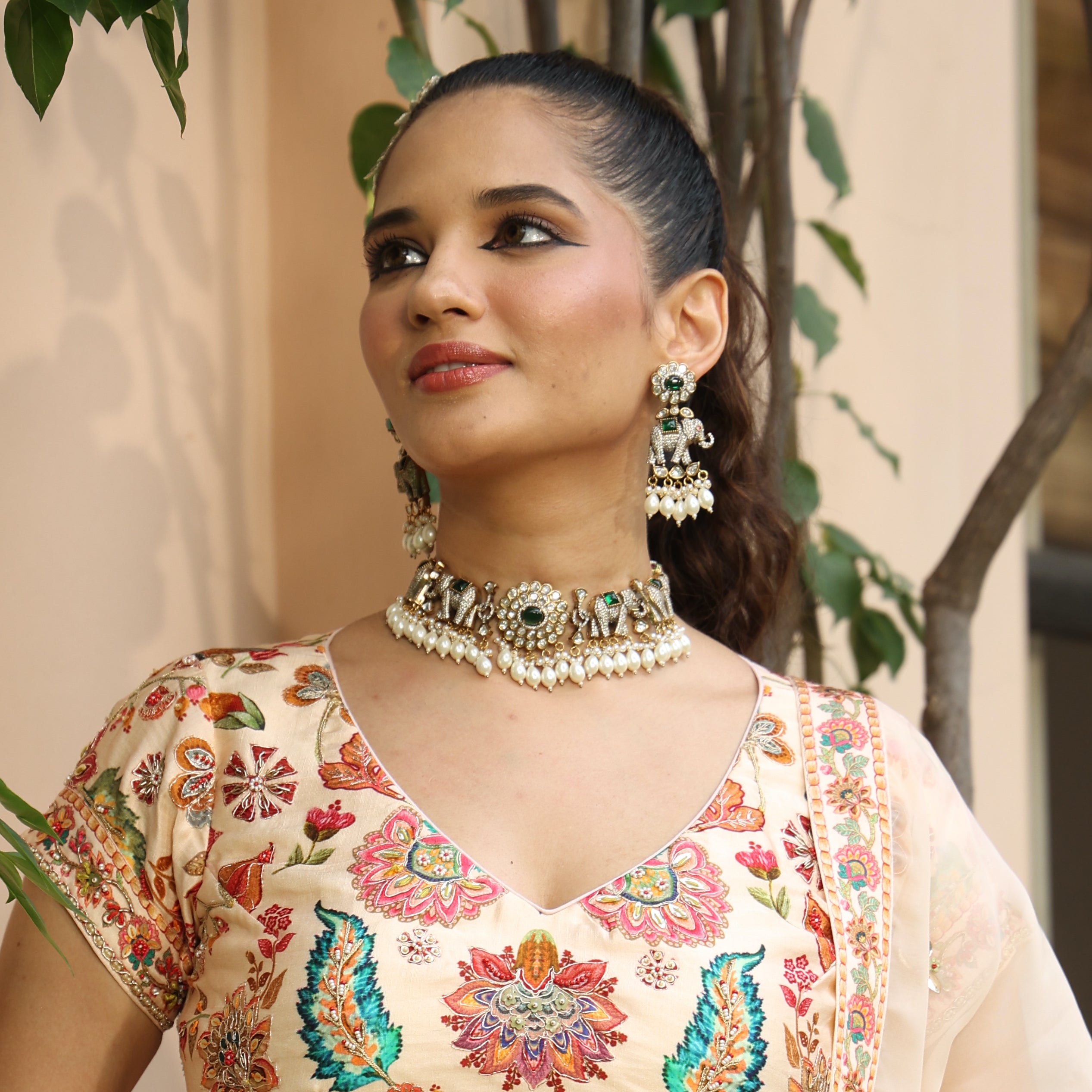 Pearl & Green Stone Elephant Design Necklace With Earrings