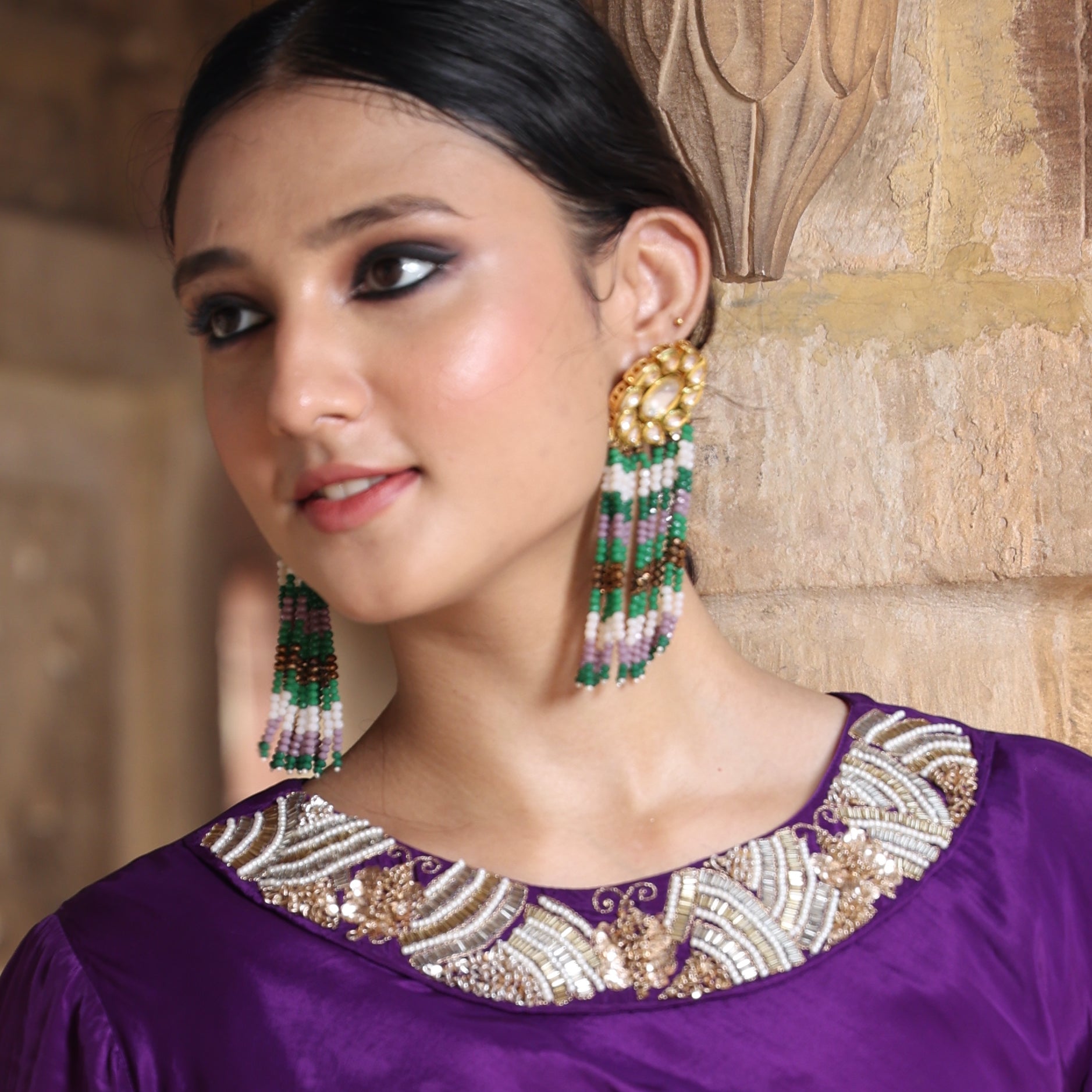 Kundan Beaded Long Earrings