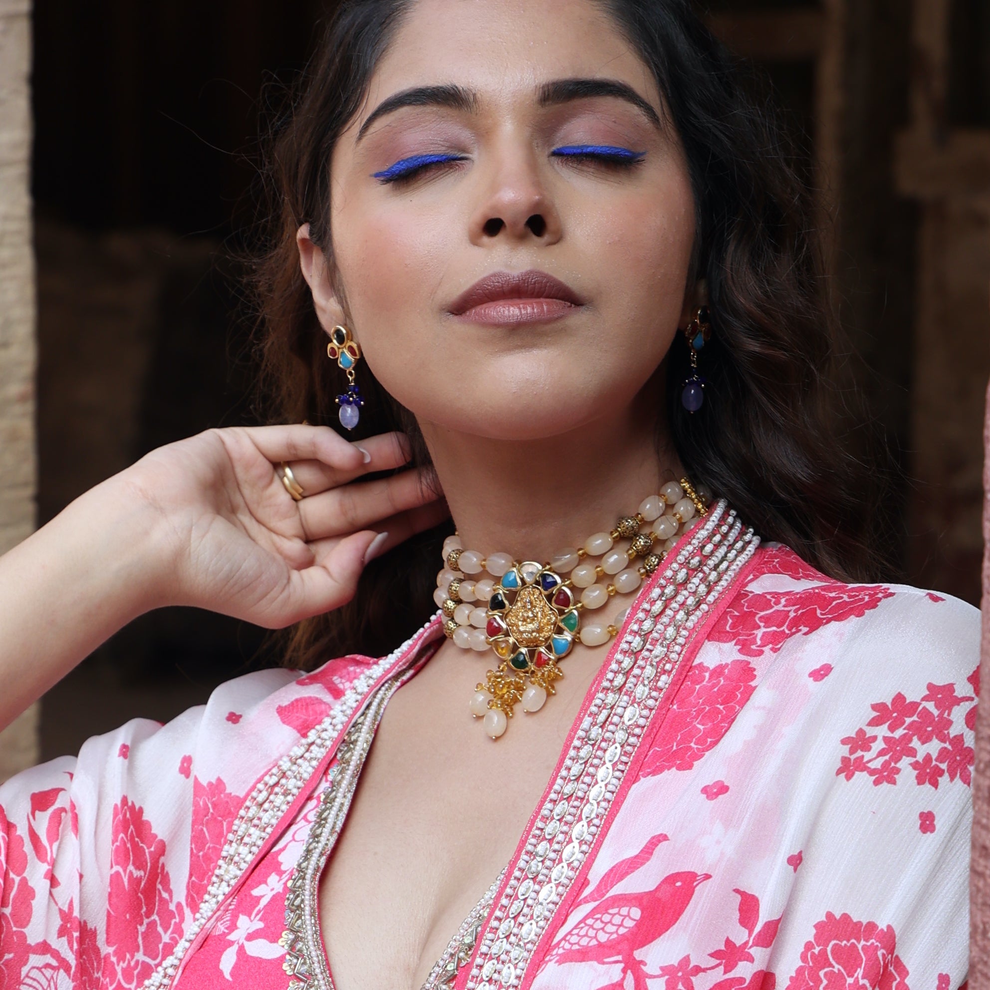 Gold Tone Temple Choker Set With Earrings
