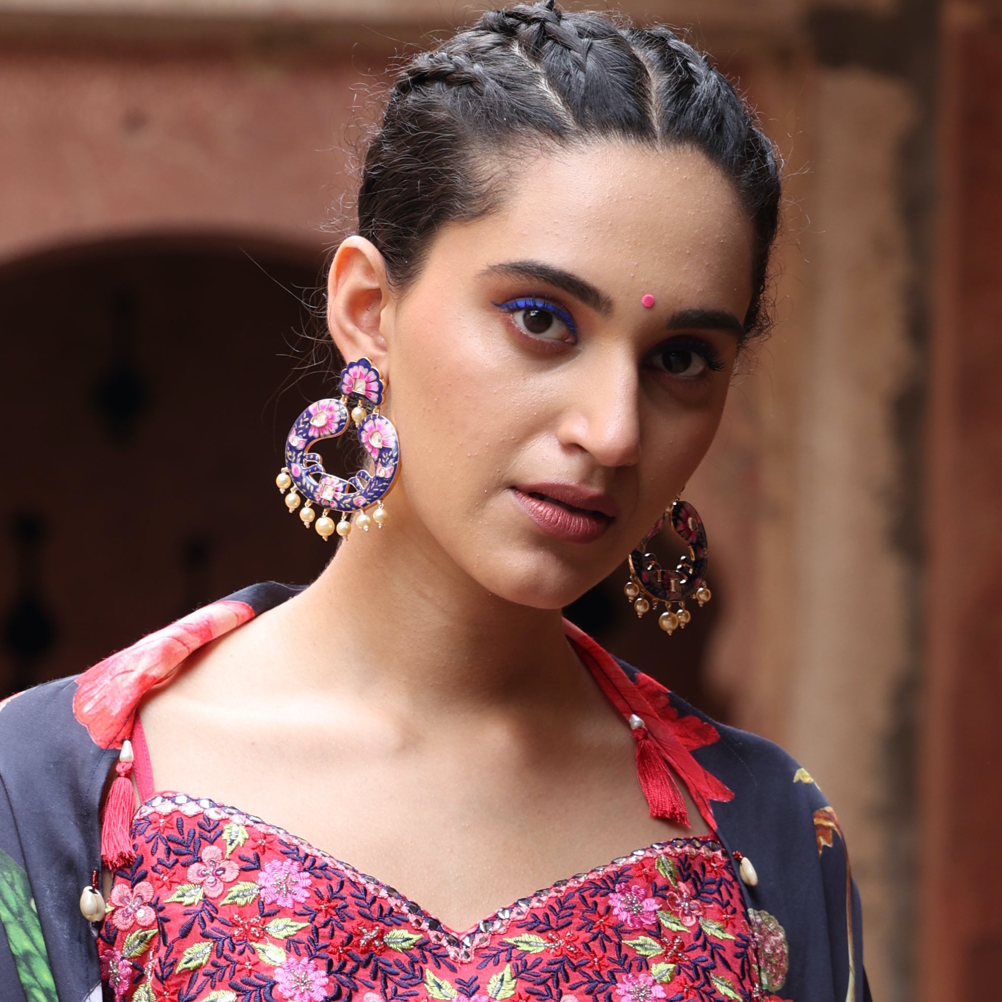 Blue Meenakari Chandbali Earrings