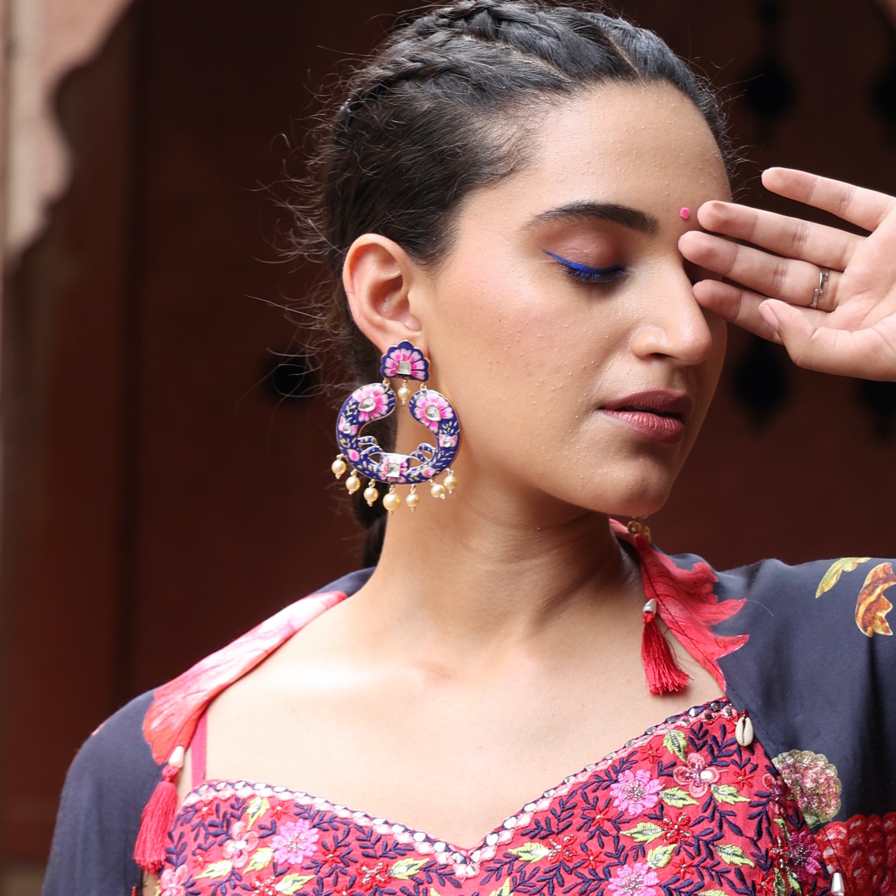 Blue Meenakari Chandbali Earrings