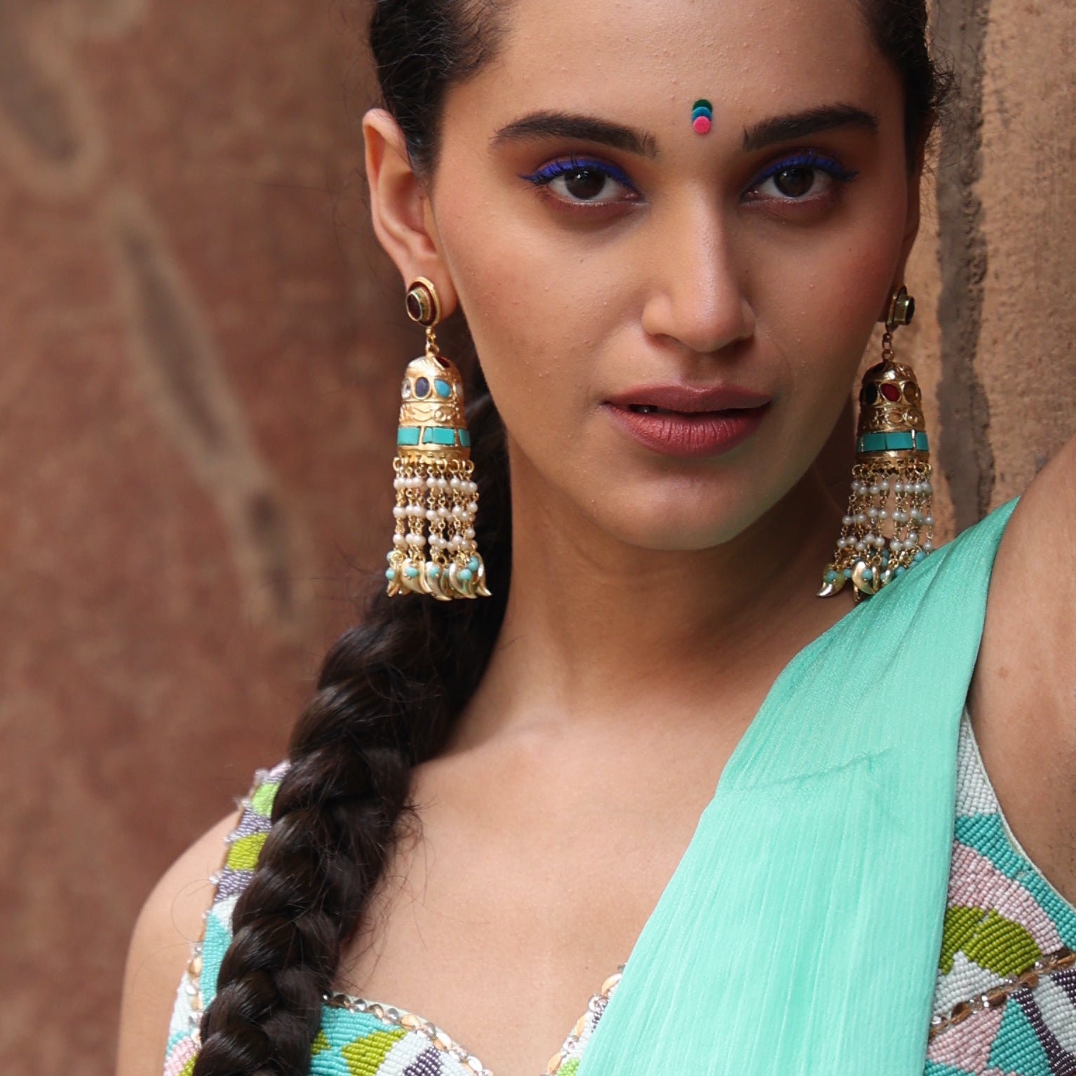 Turquoise Beaded Jadau Jhumki Long Earrings