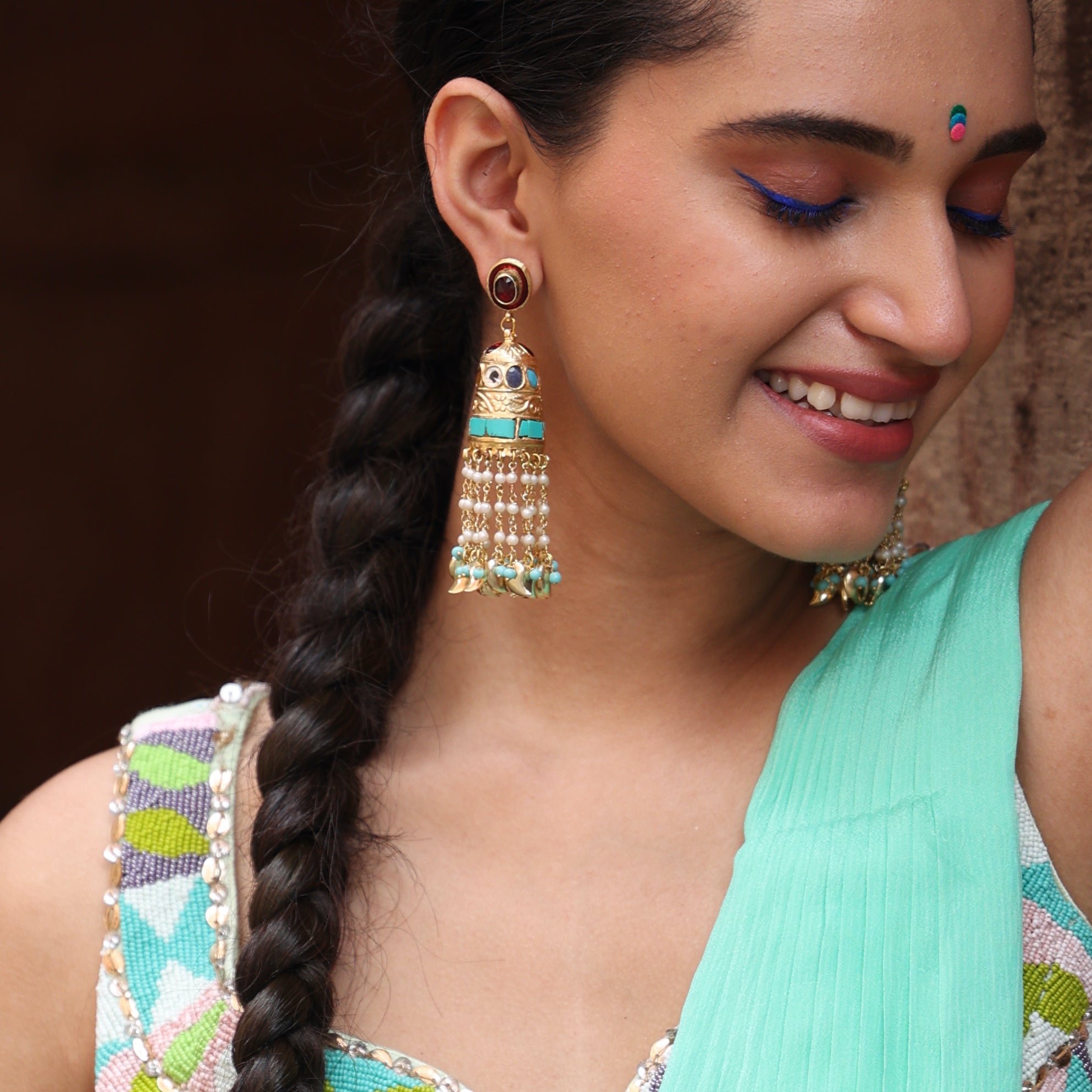 Turquoise Beaded Jadau Jhumki Long Earrings