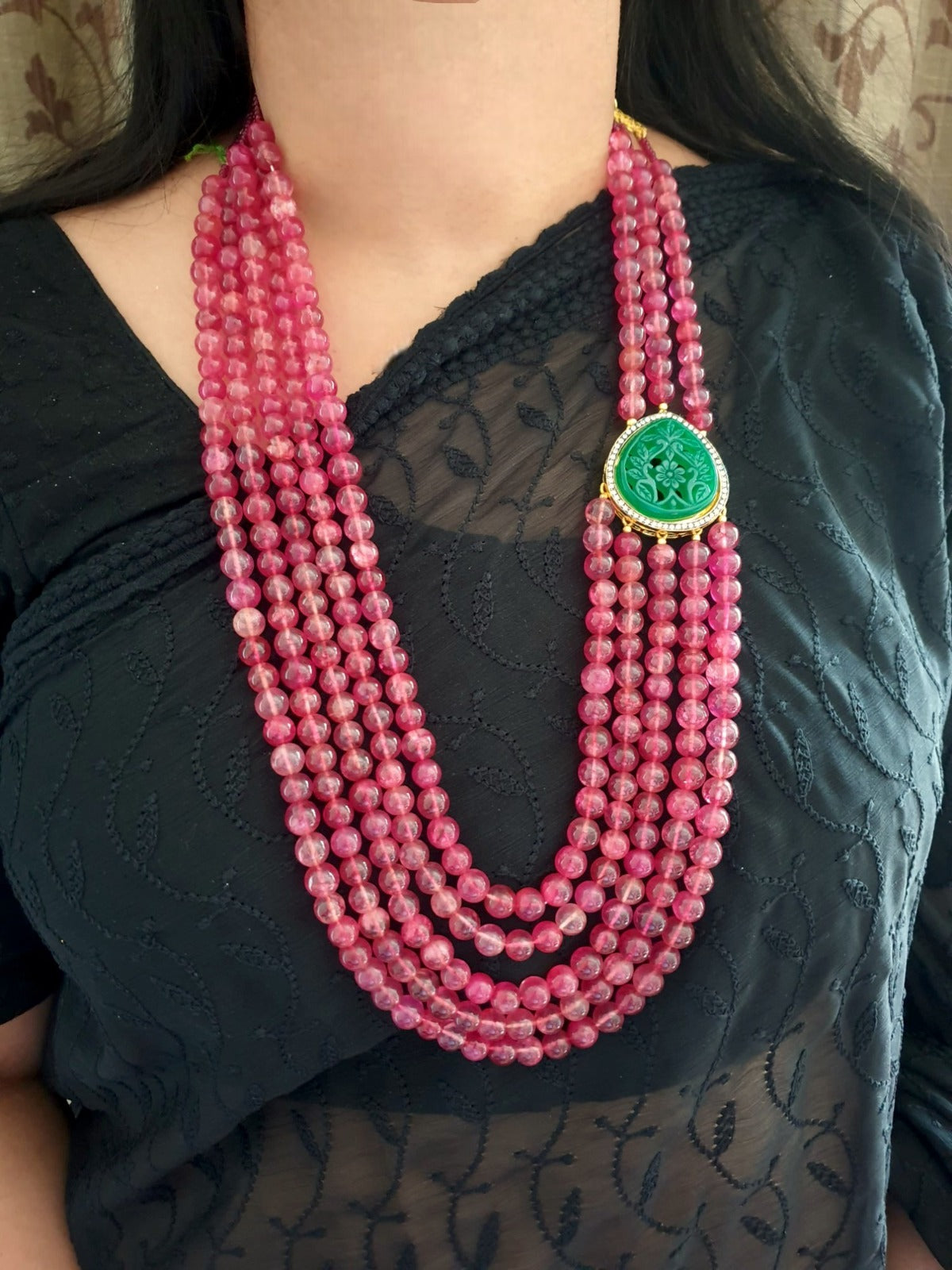Ruby Stone Necklace With Emerald Engarved American Diamond Brooch