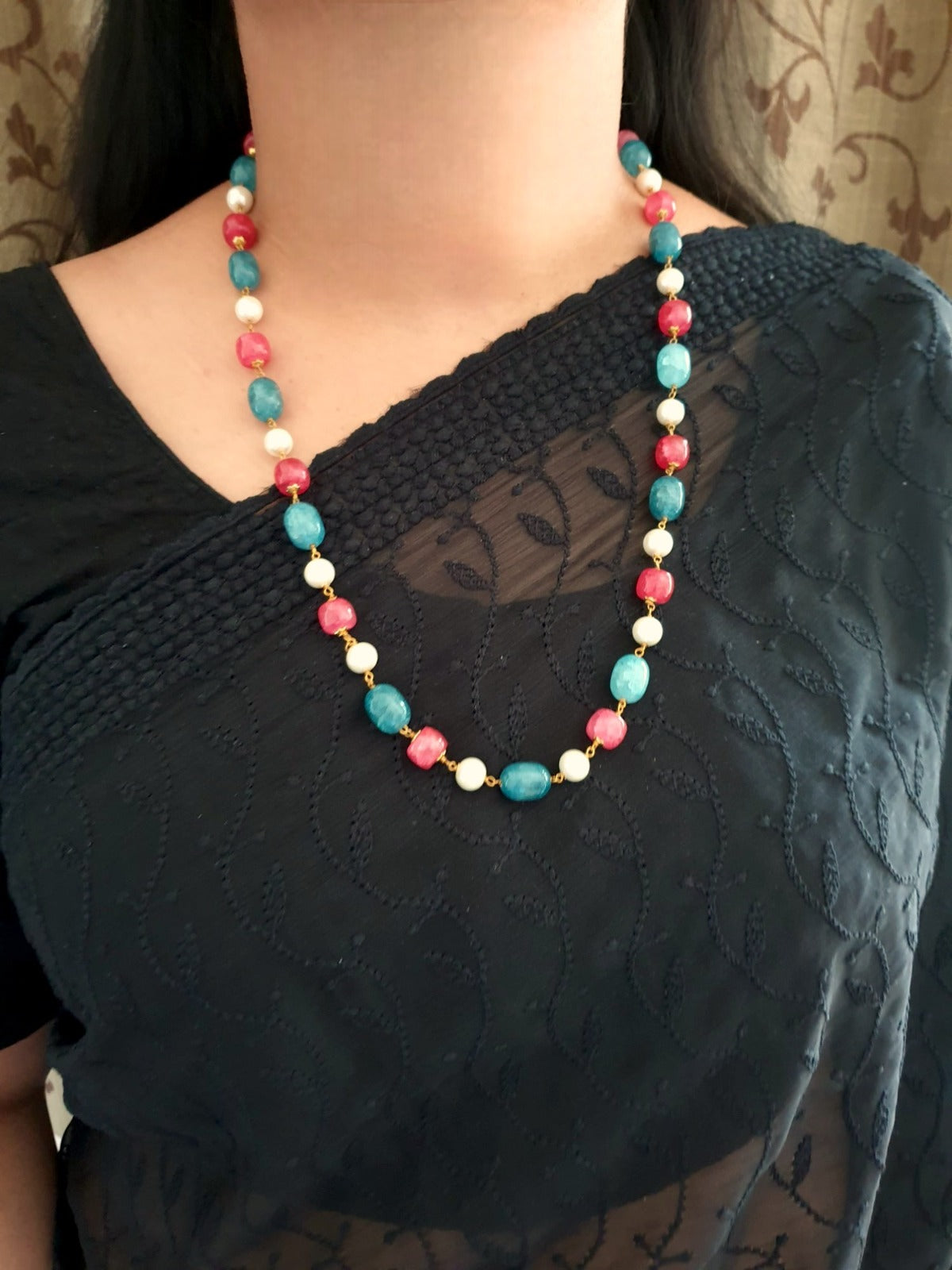 Blue Red Stone Beads Pearl Long Mala