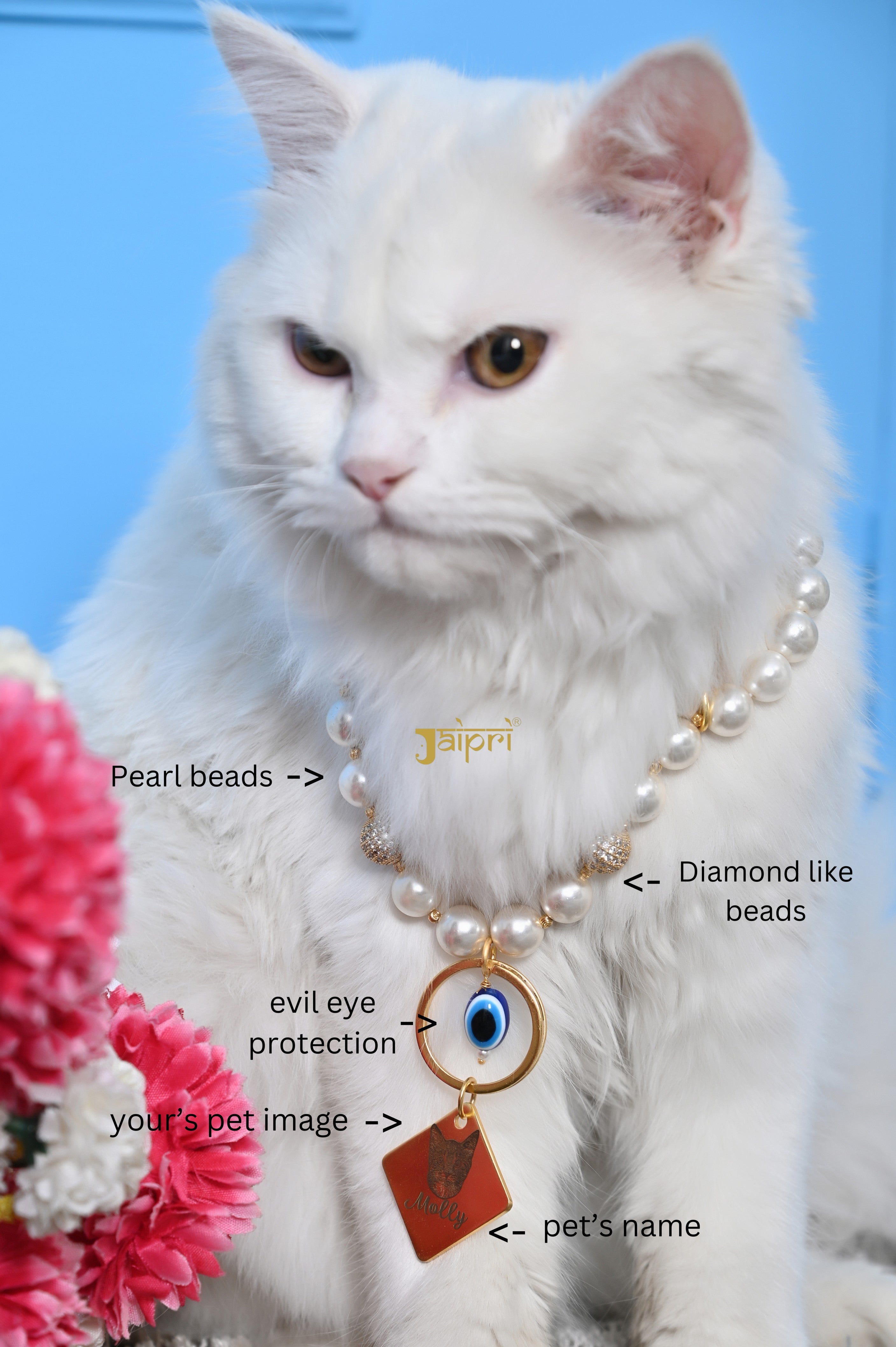 Custom Cat Name and Image Pearl Collar Pet Jewelry Gift