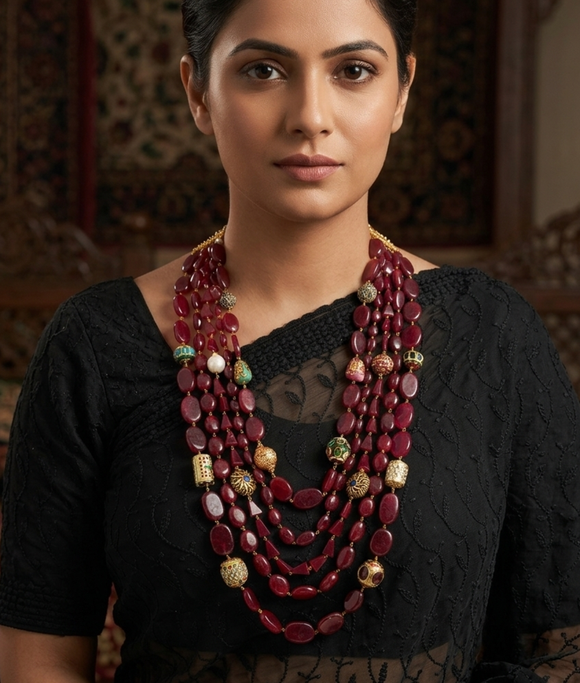 Red Long Necklace Set With Anitique Stone Beads
