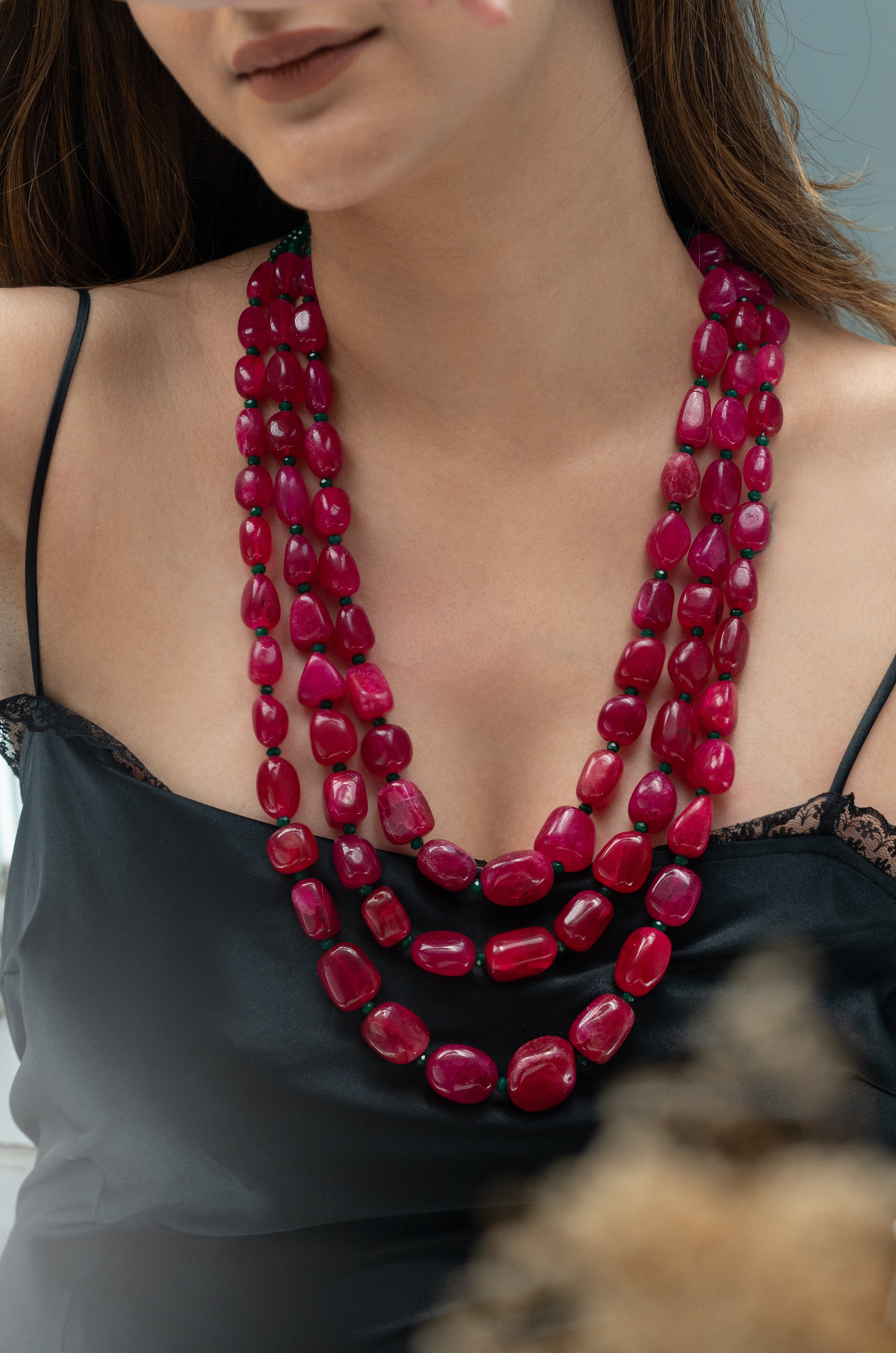 Ruby Red Color Bead Three Layered Necklace
