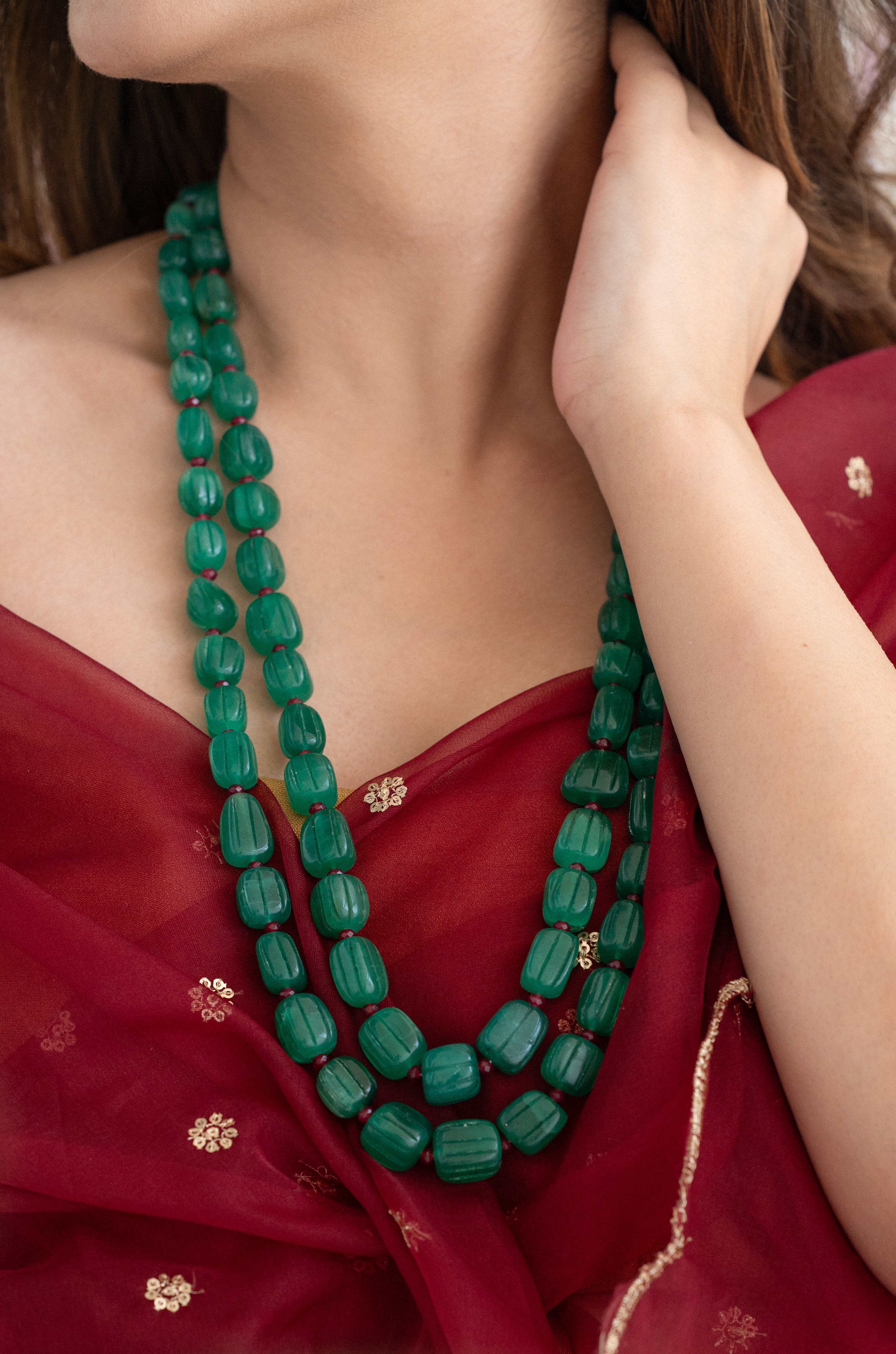 Emerald Green Color Carving Bead Two Layered Necklace