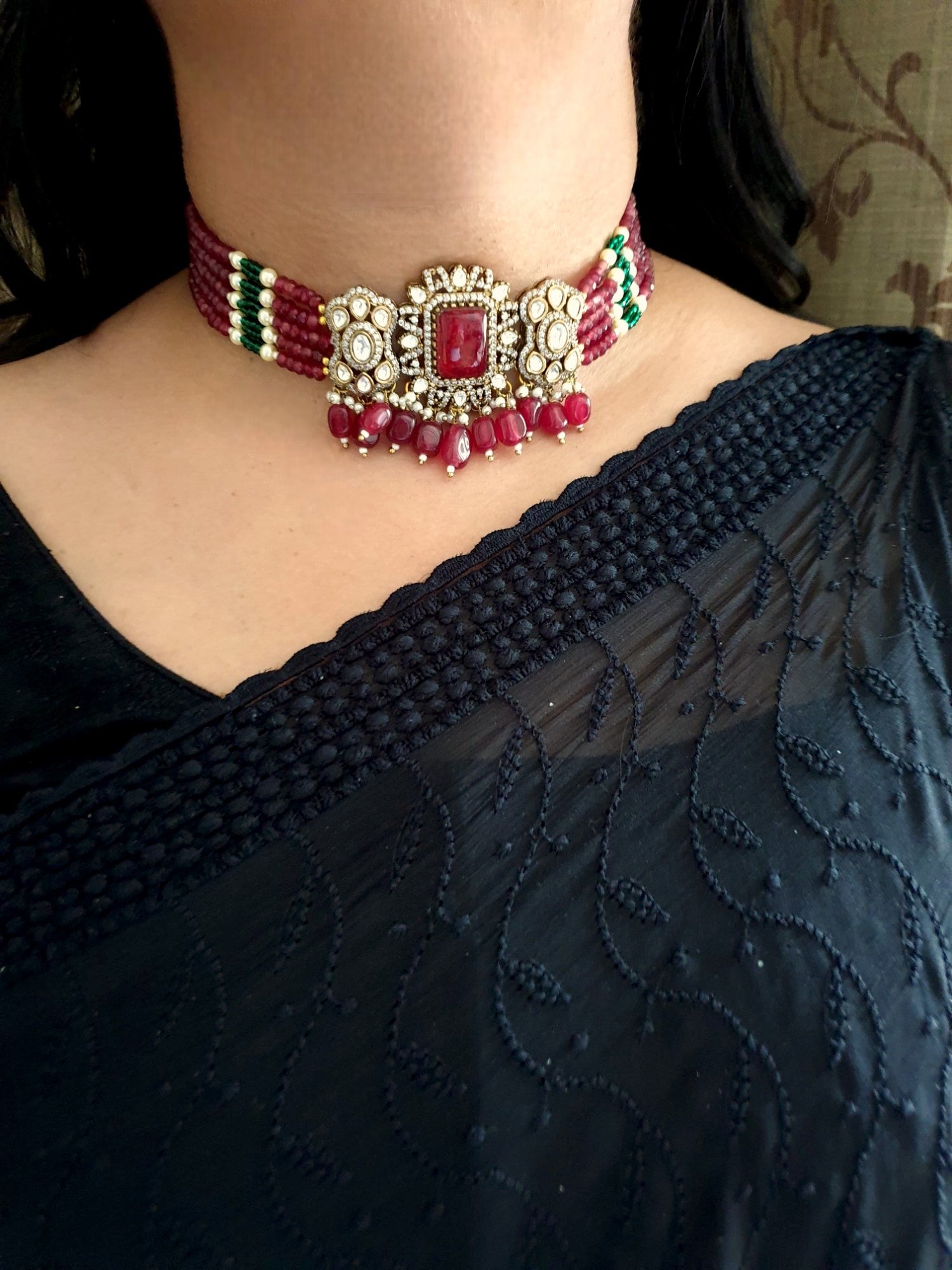 Maroon Doublet Stone Kundan Choker Necklace