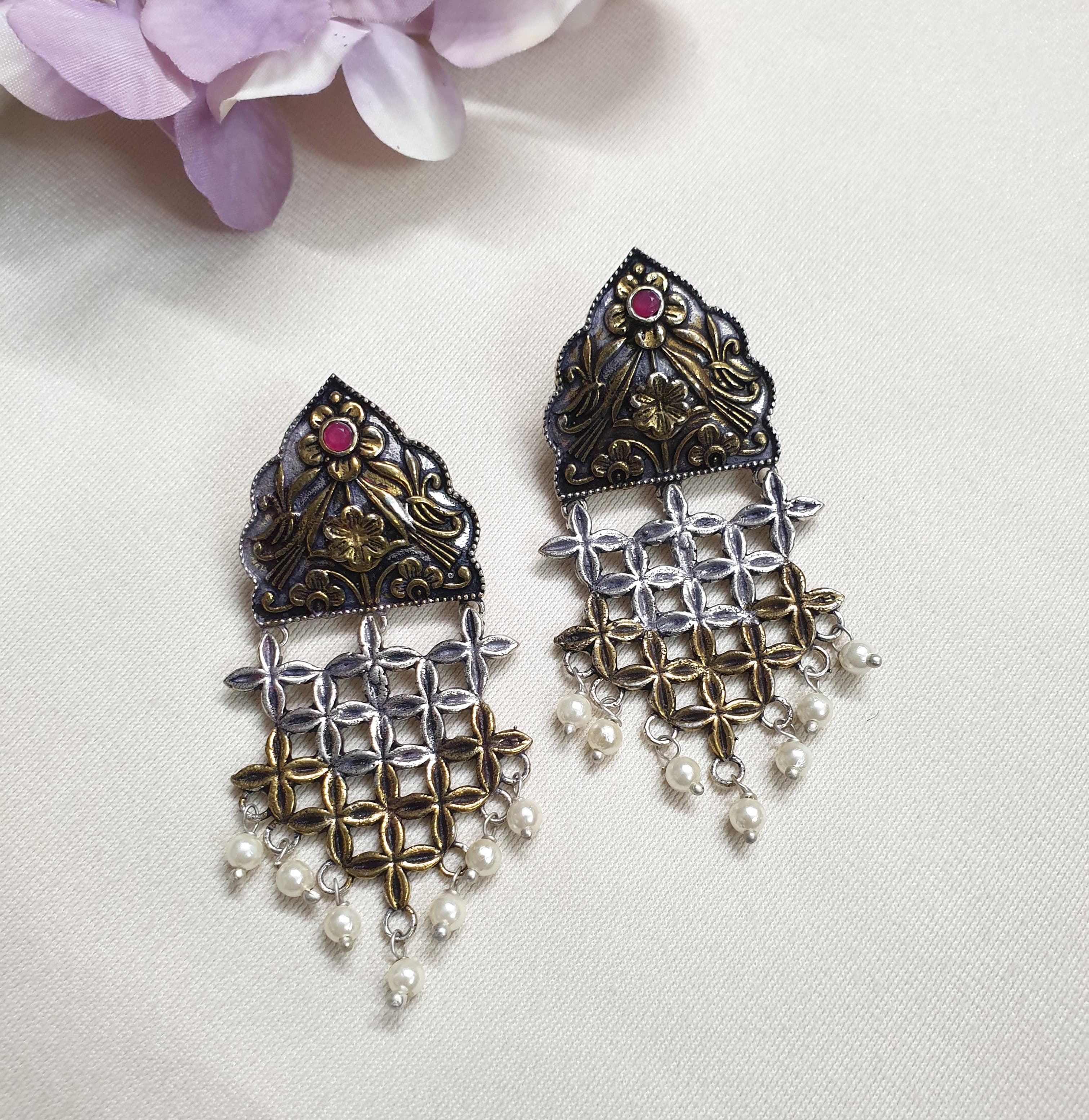 Floral Dual Tone Oxidised Earrings