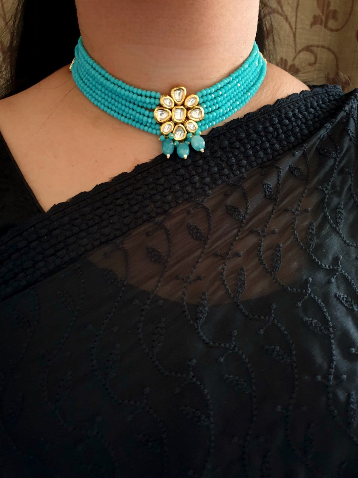 Turquoise Beaded Kundan Choker Necklace With Earrings