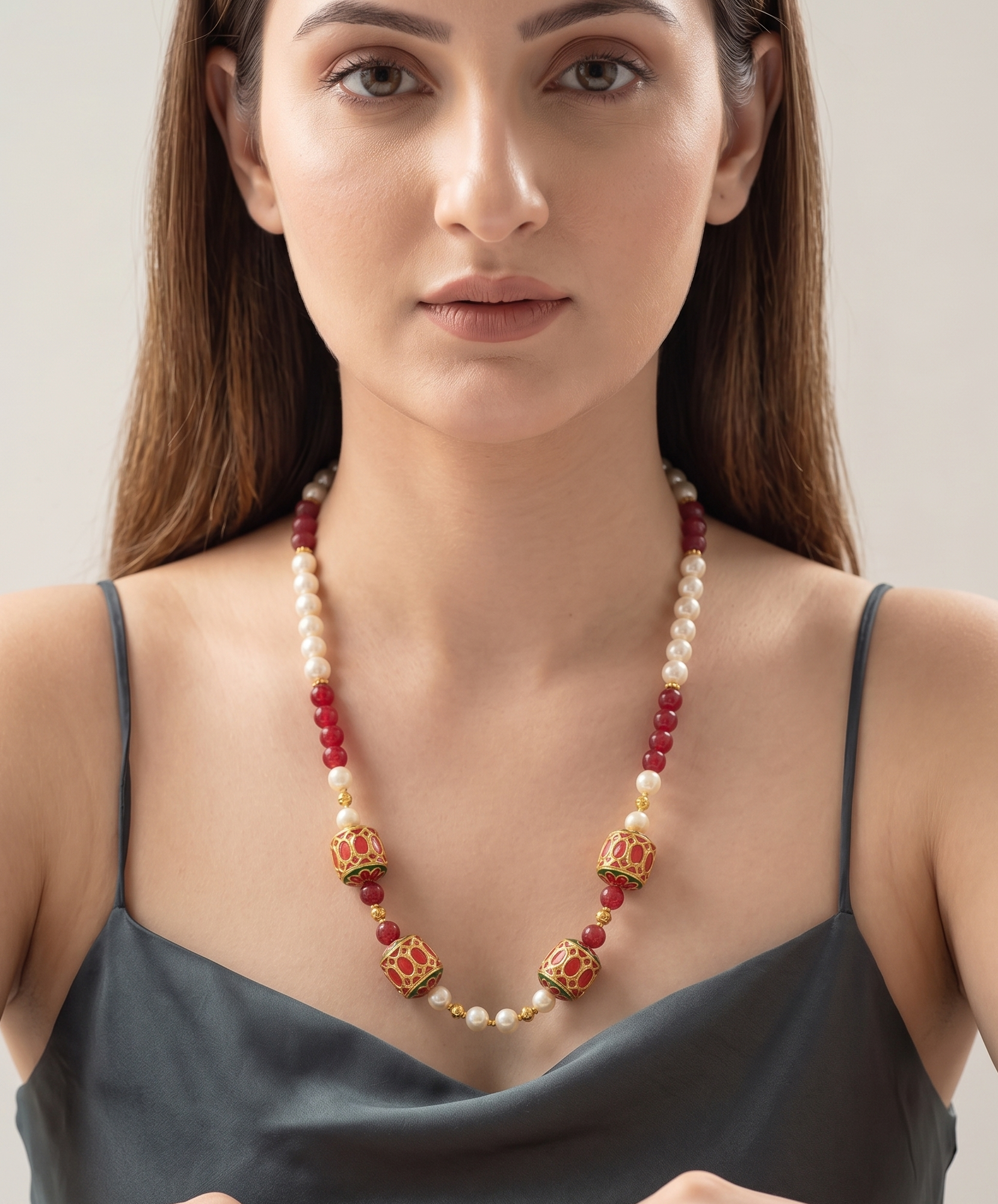 Pearl and Coral Jadau Beads Necklace