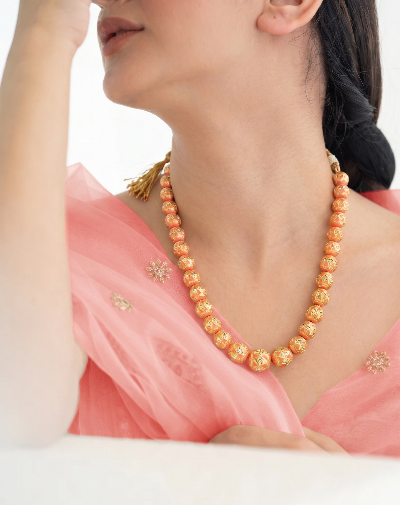 Peach Meenakari Beaded Necklace With Earrings