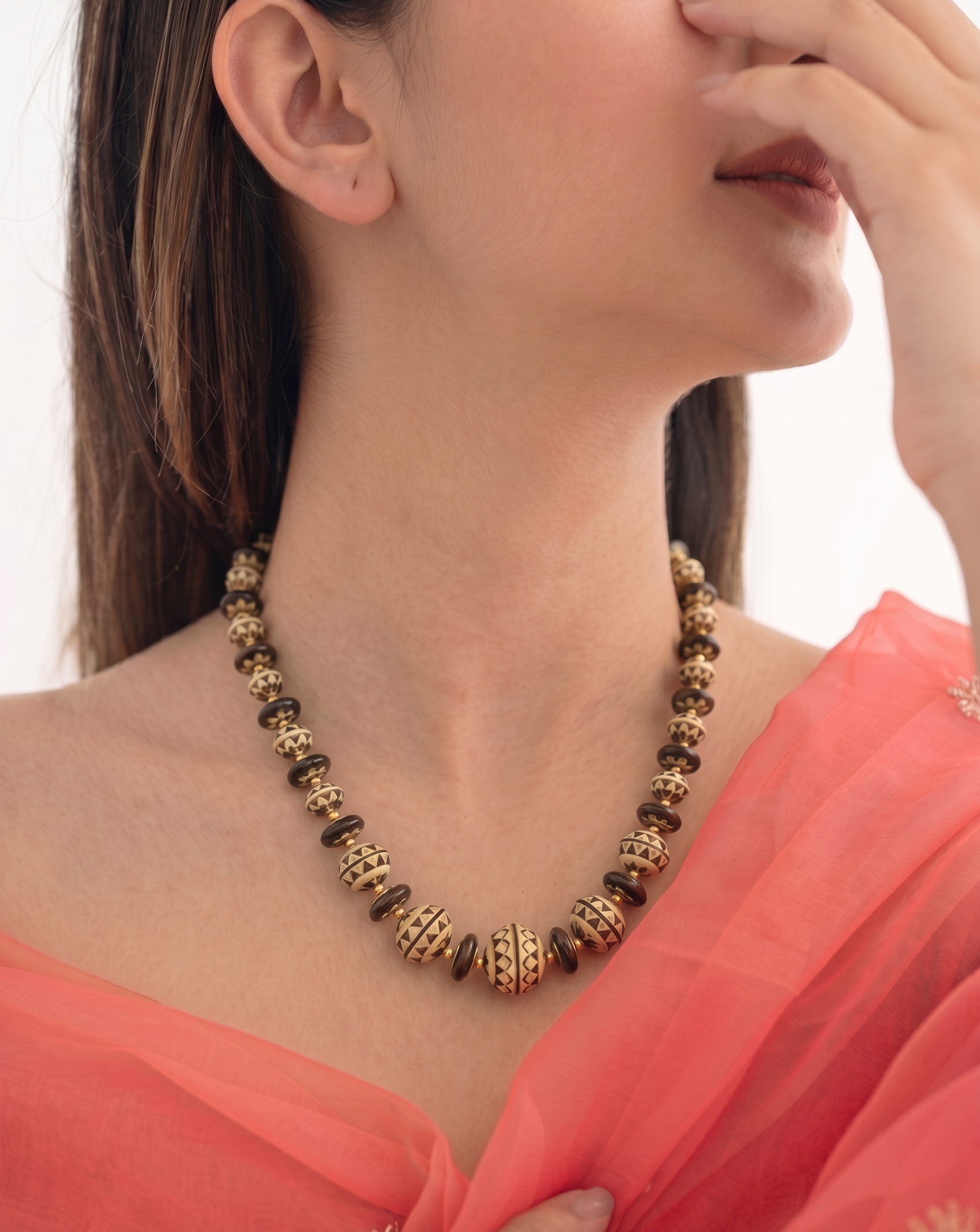 Golden Beige Beaded Meenakari Necklace