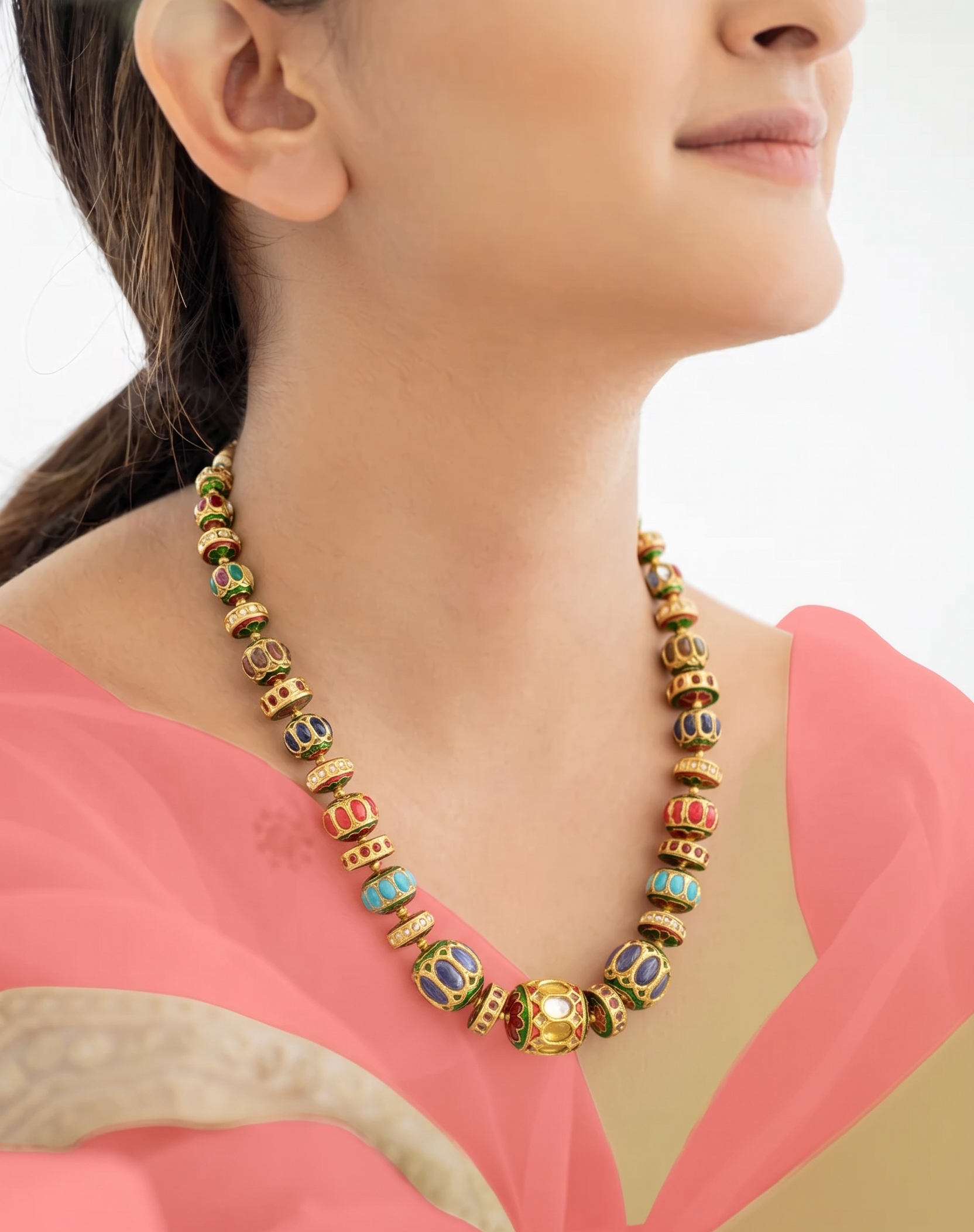 Multi Jadau Beads Disc Necklace