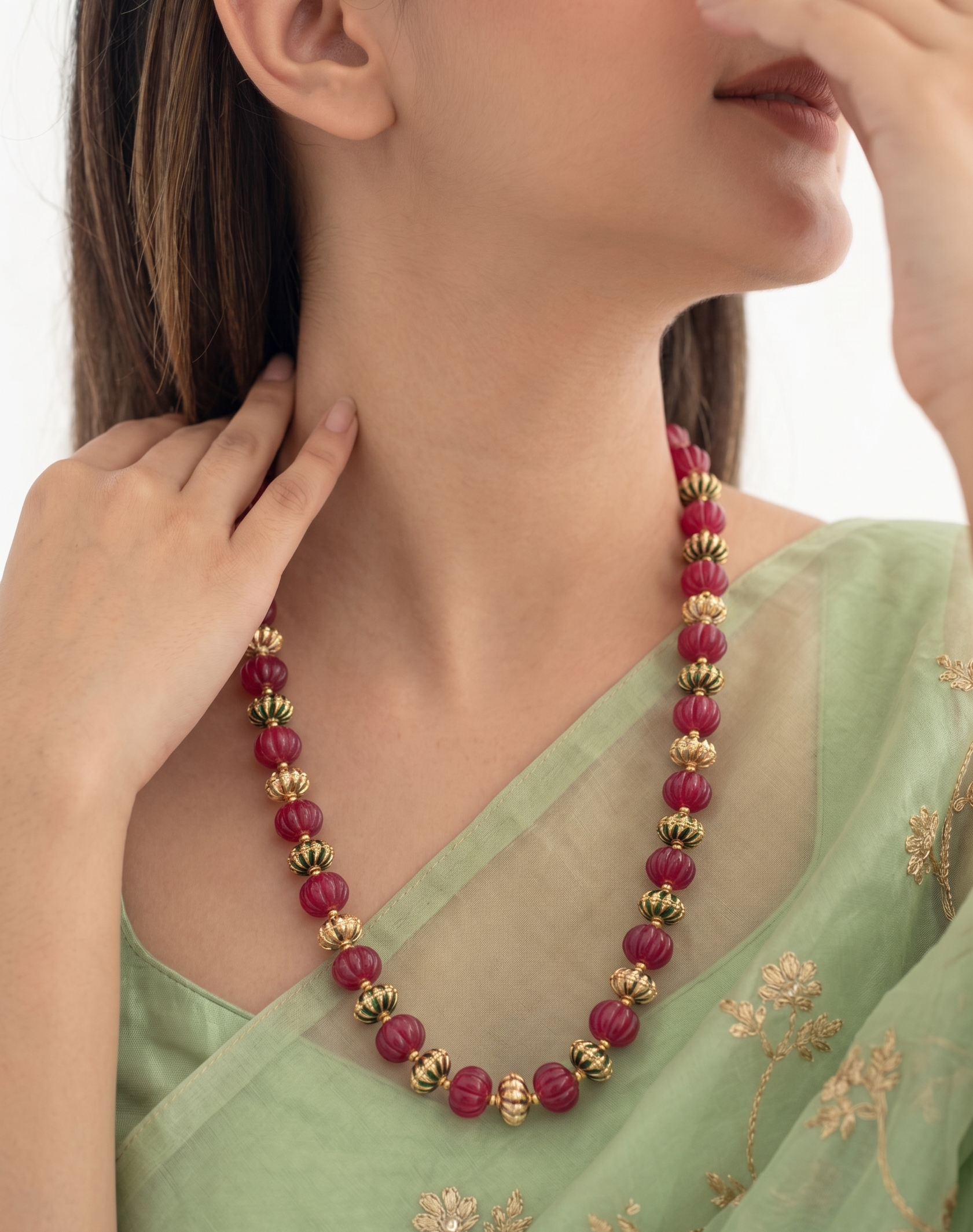 Pumpkin Meenakari Bead Necklace With Earrings