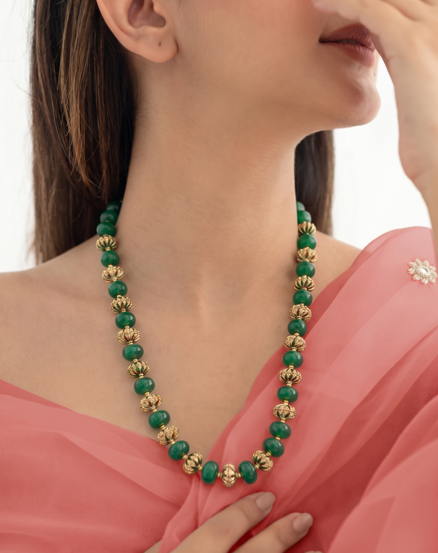 Green Onyx Meenakari Bead Necklace With Earrings