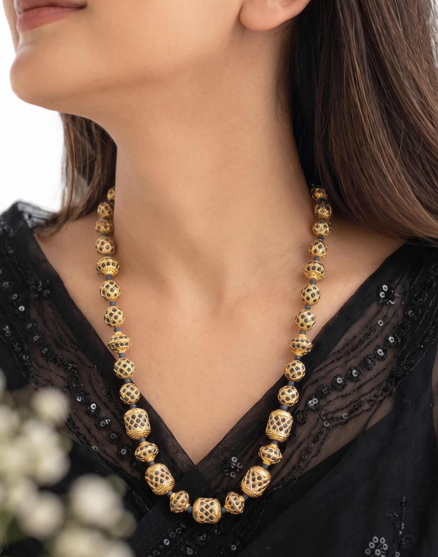 Dark Blue Jadau Bead Necklace With Earrings