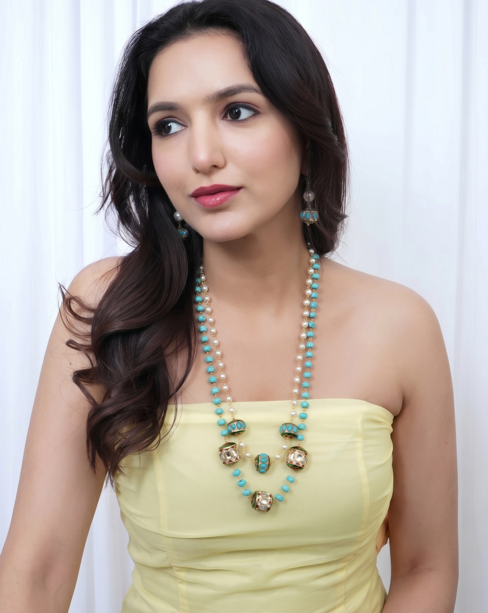 Turquoise and Pearl Beaded Jadau Necklace With Earrings