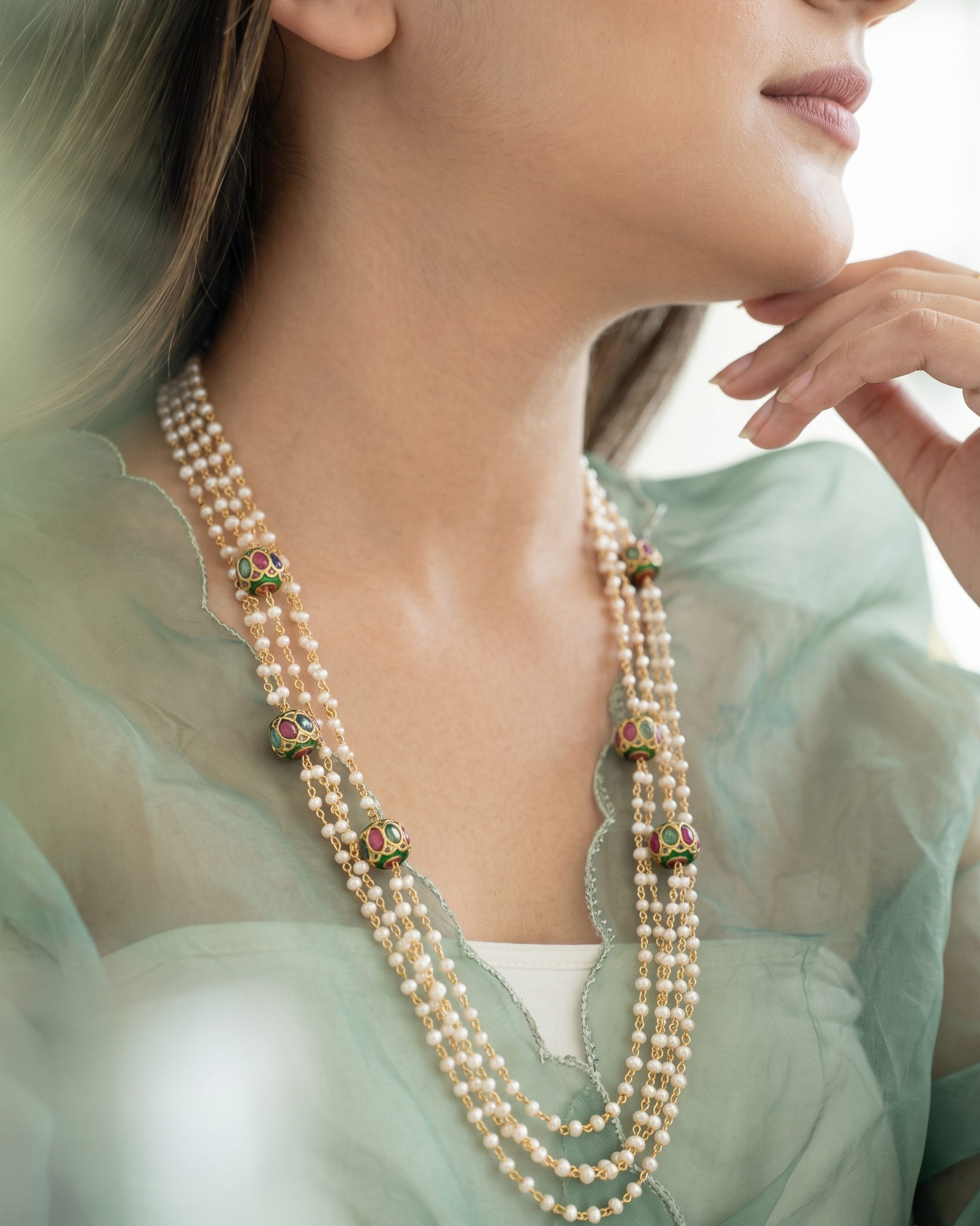 Baby Pink Jadau Bead Necklace With Earrings