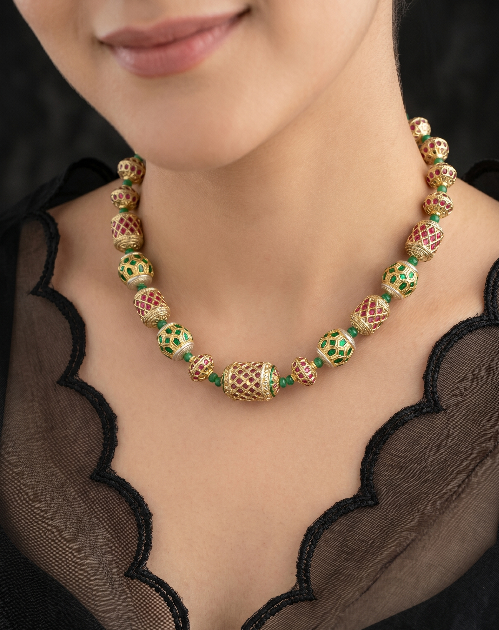 Red Green Jadau Bead Necklace With Earrings