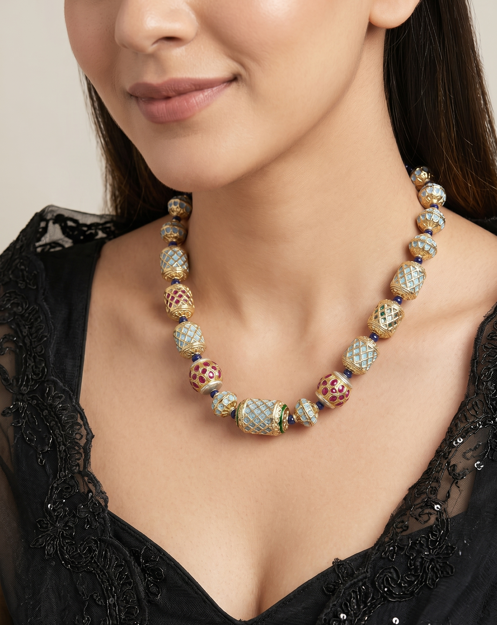 Multi Jadau Bead Necklace With Earrings