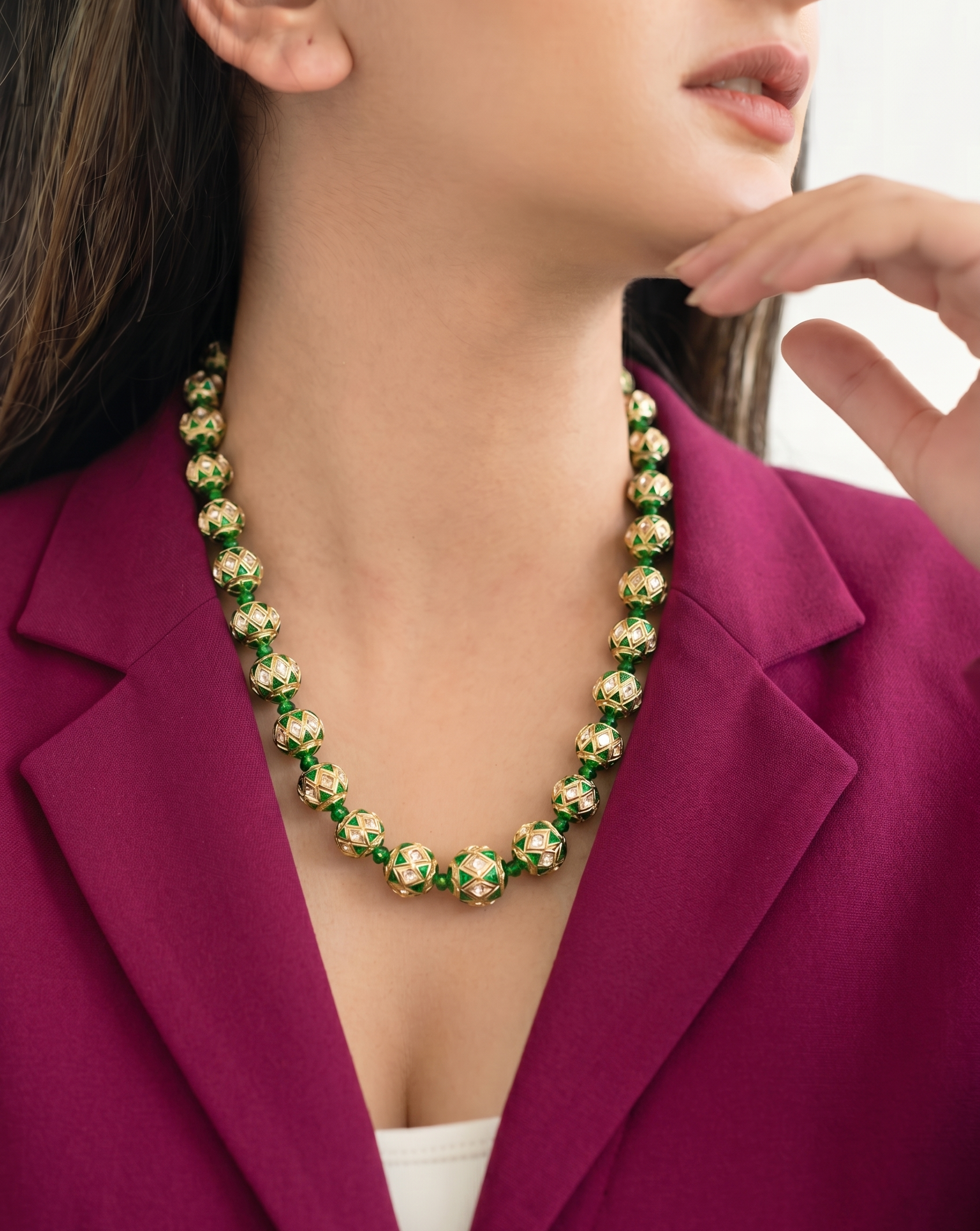 Green Meenakari Beaded Necklace With Earrings