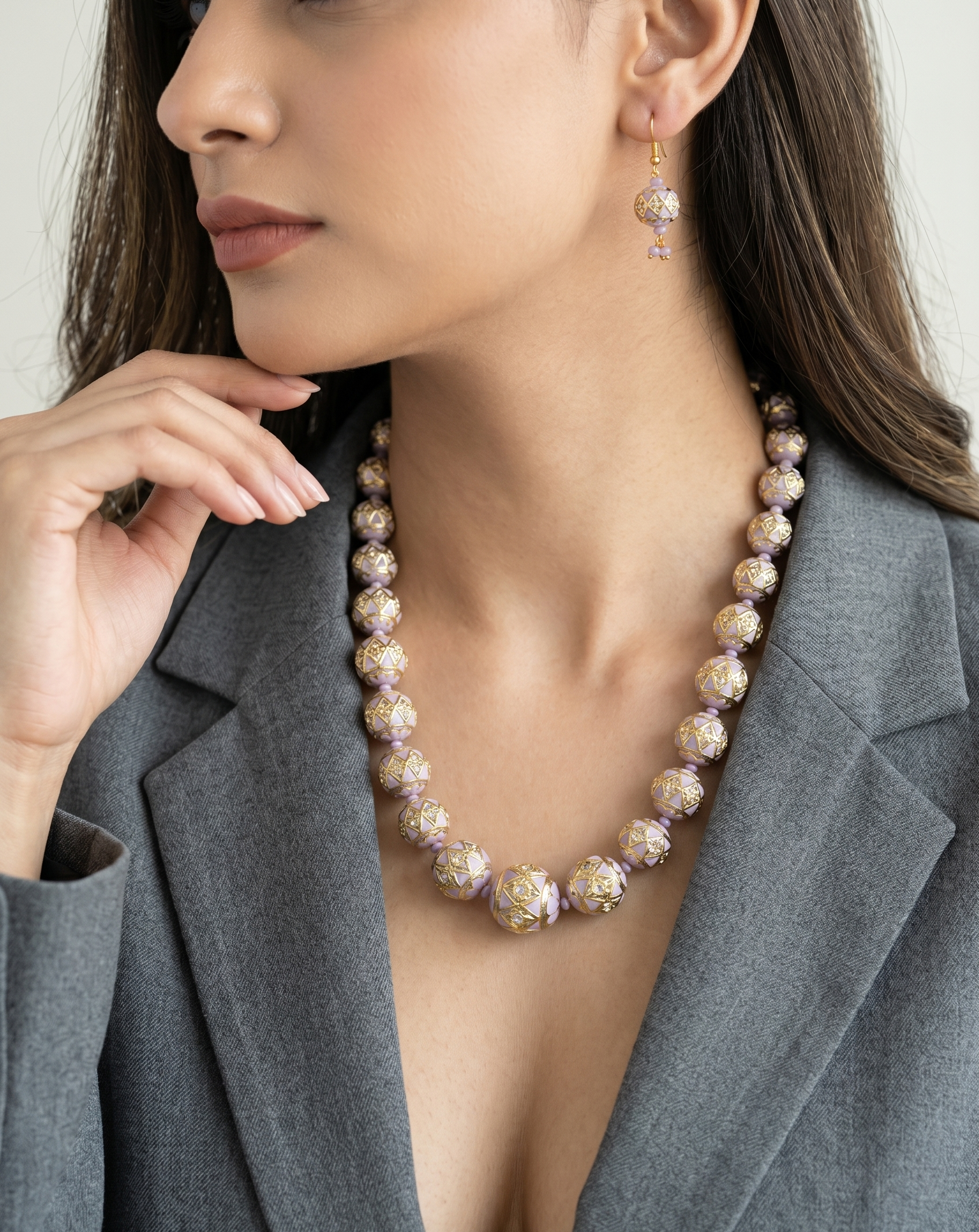 Light Purple Meenakari Beaded Necklace With Earrings