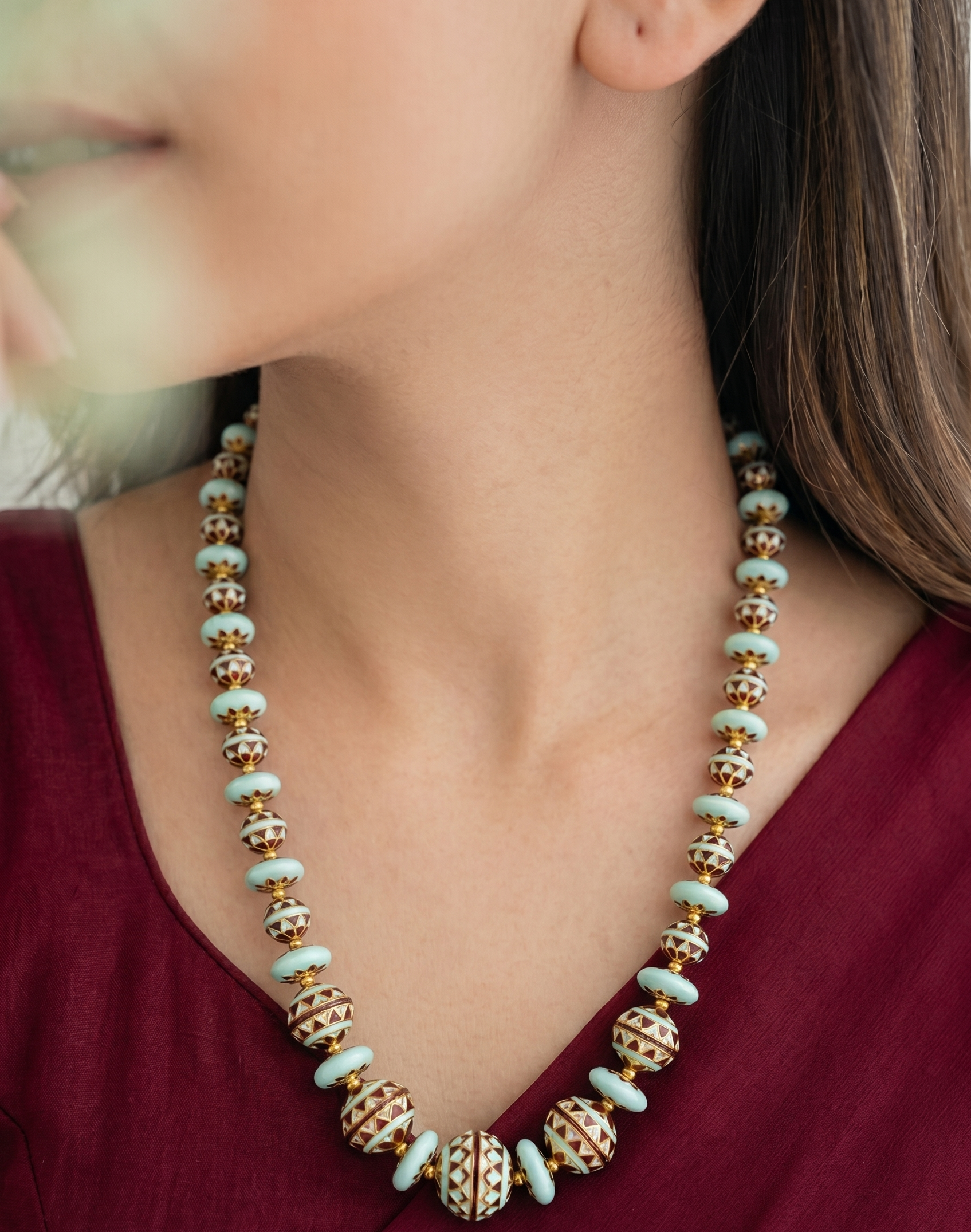 Turquoise Red Meenakari Beaded Necklace with Earrings