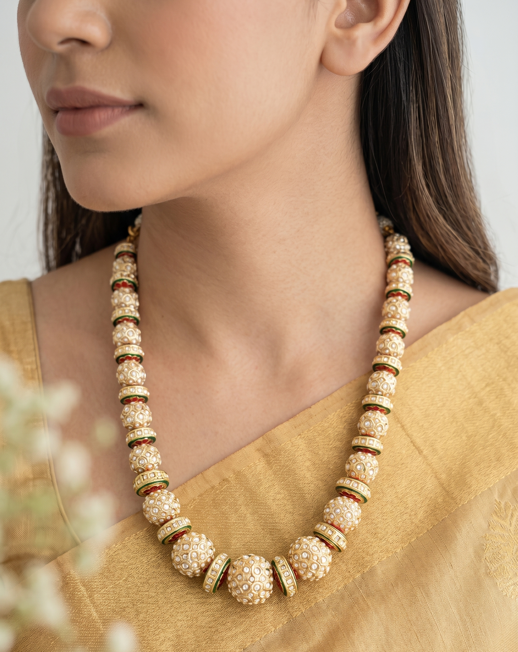 Gold Tone Pearl Jadau Beaded Necklace With Earrings