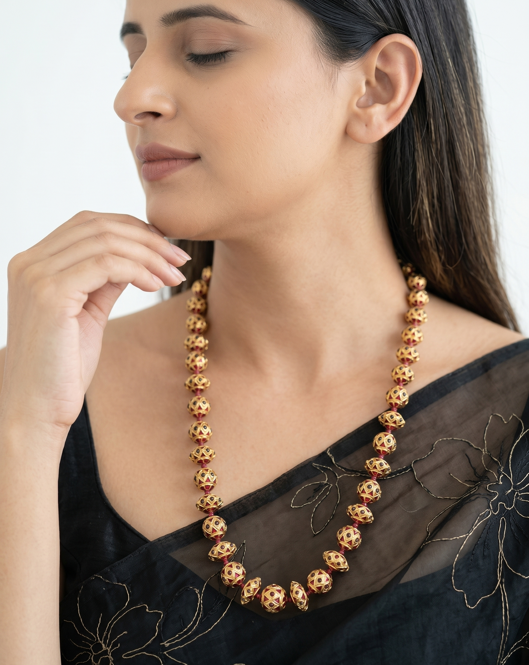 Jadau Maroon Stone Disc Meenakari Necklace